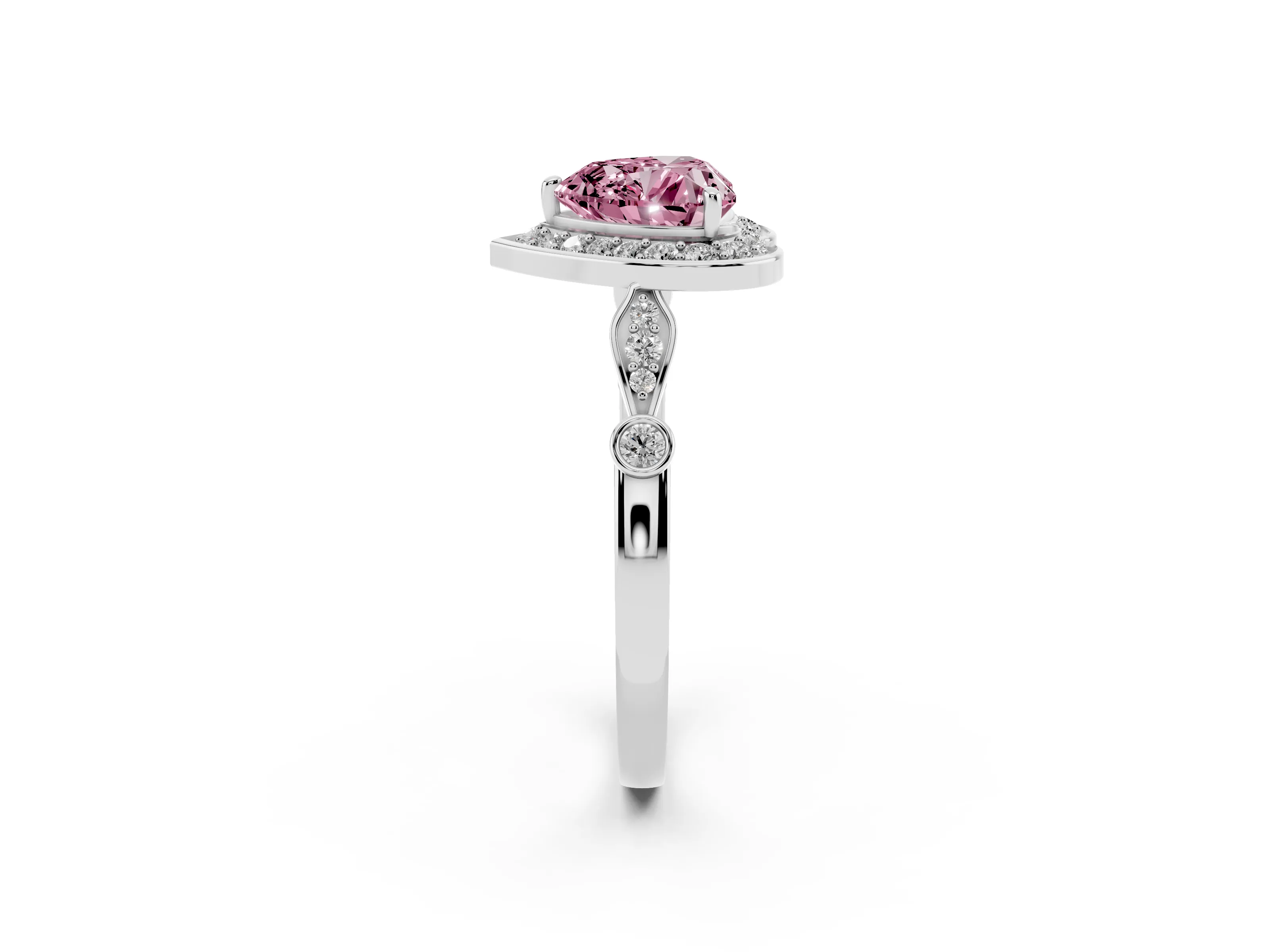 Fancy Pink Heart Cut Diamond Halo Engagement Ring Set in Platinum with Twisted Band and Prong Setting