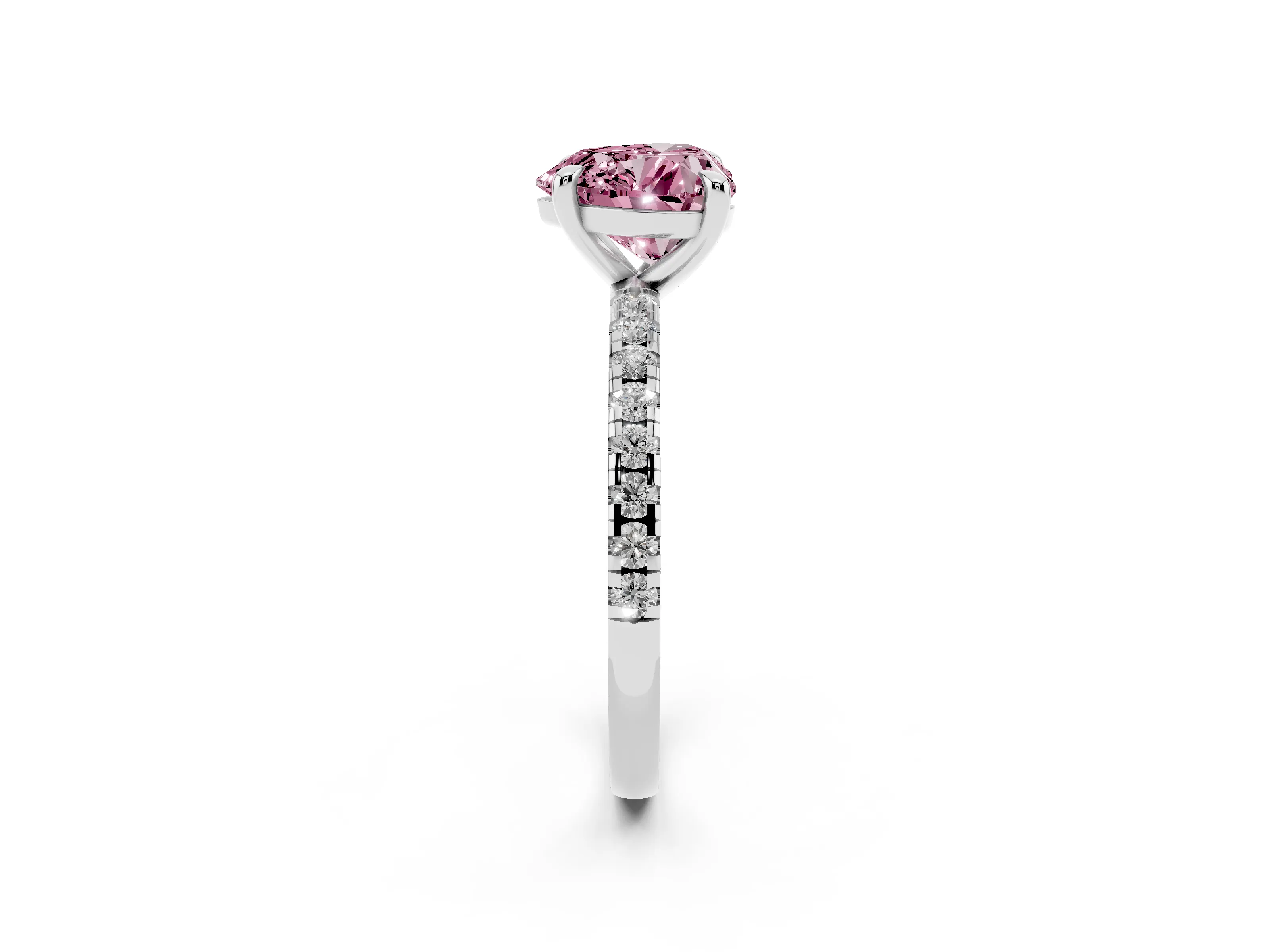 Fancy Pink Heart Cut Diamond Brilliant Solitaire Ring Set in White gold with Pavé Band and Prong Setting