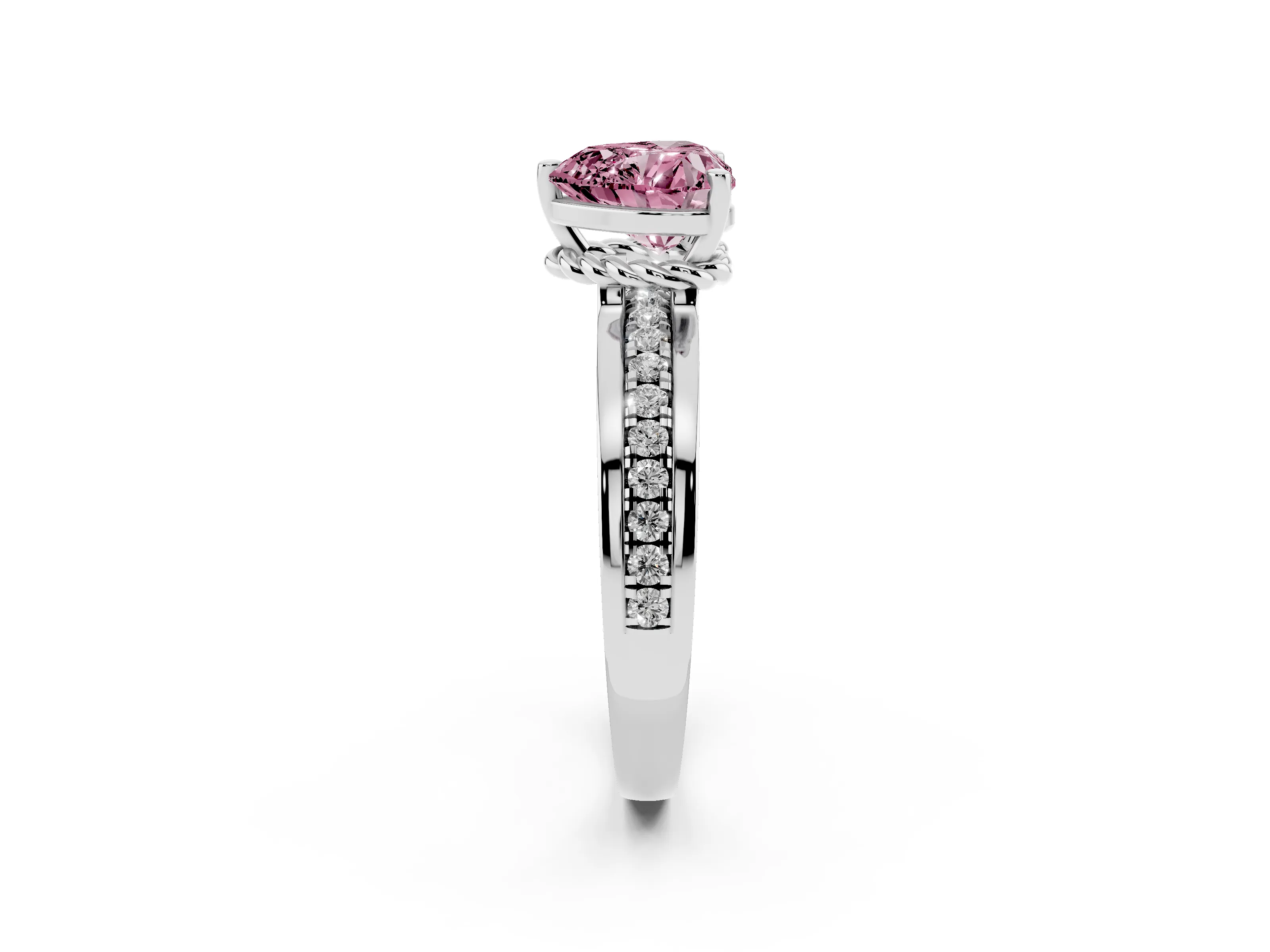 Fancy Pink Heart Cut Diamond Solitaire Ring Set in White gold with Channel Set Band and Prong Setting