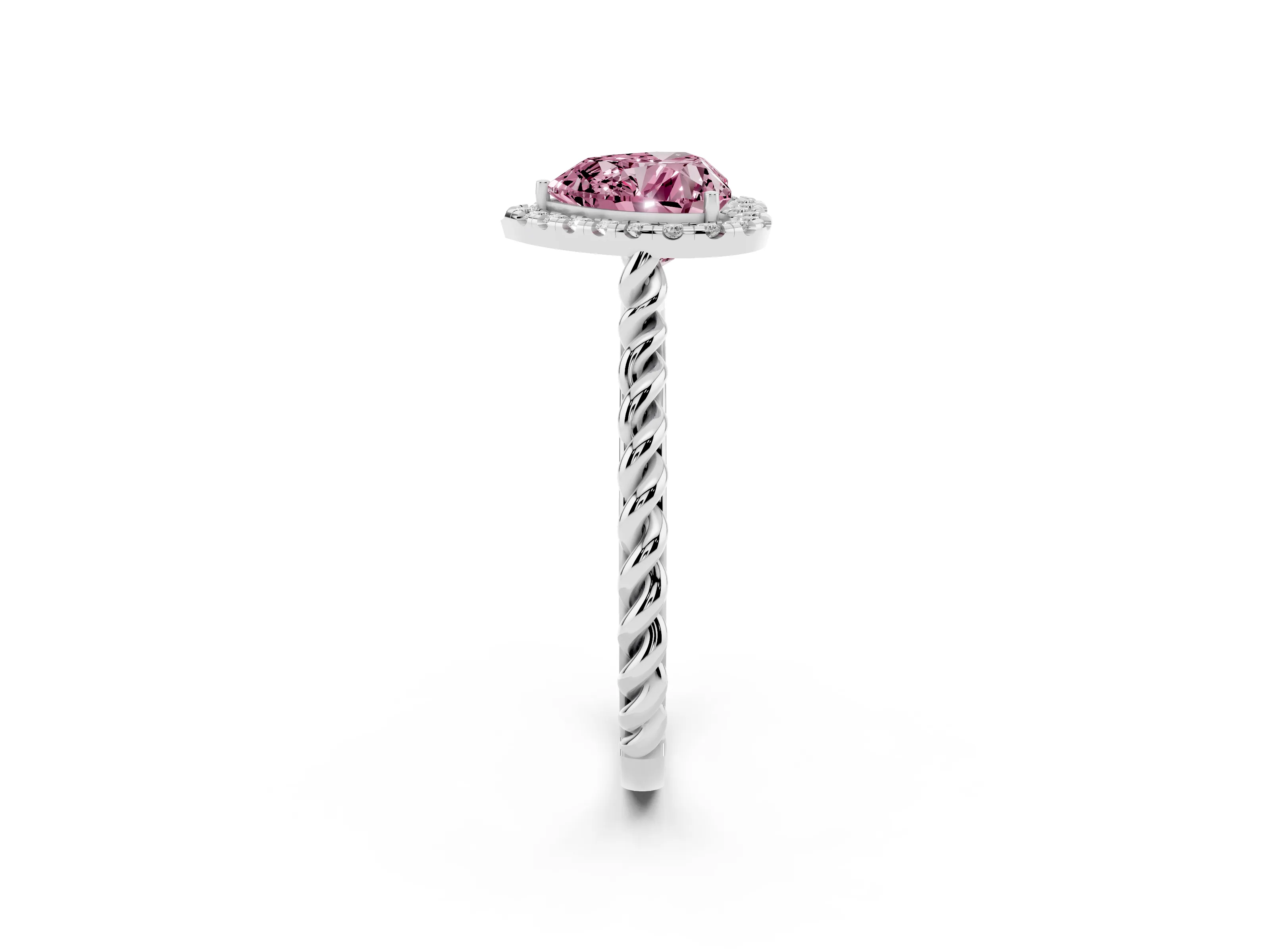 Fancy Pink Heart Cut Diamond Halo Ring Set in White gold with Plain Twisted Band