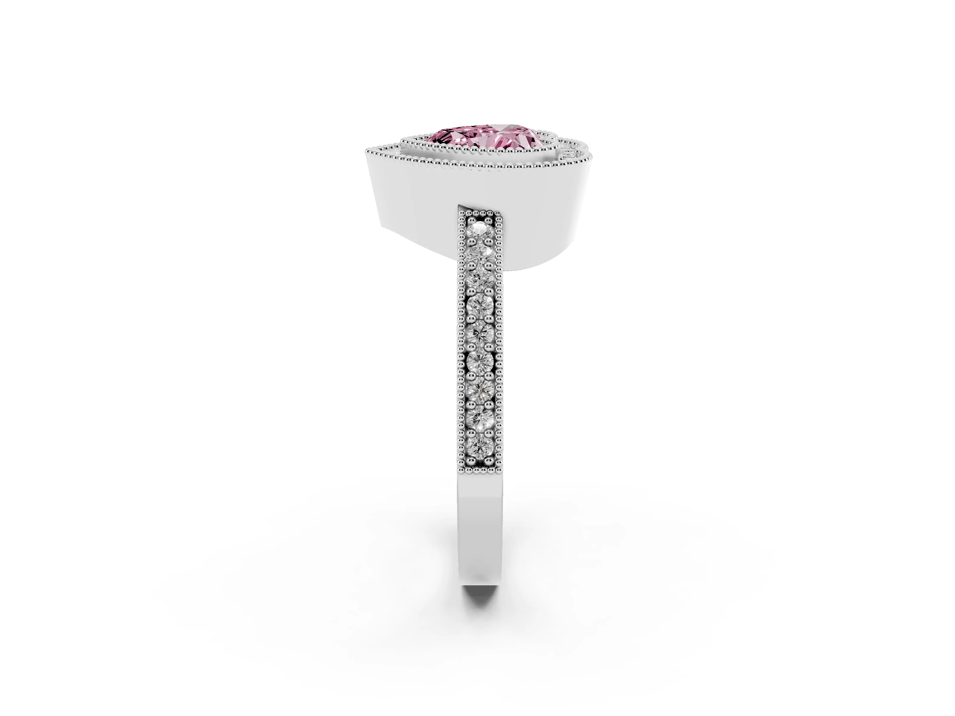Fancy Pink Heart Cut Diamond Halo Engagement Ring Set in Silver with Pavé Band and Round Halo Stones
