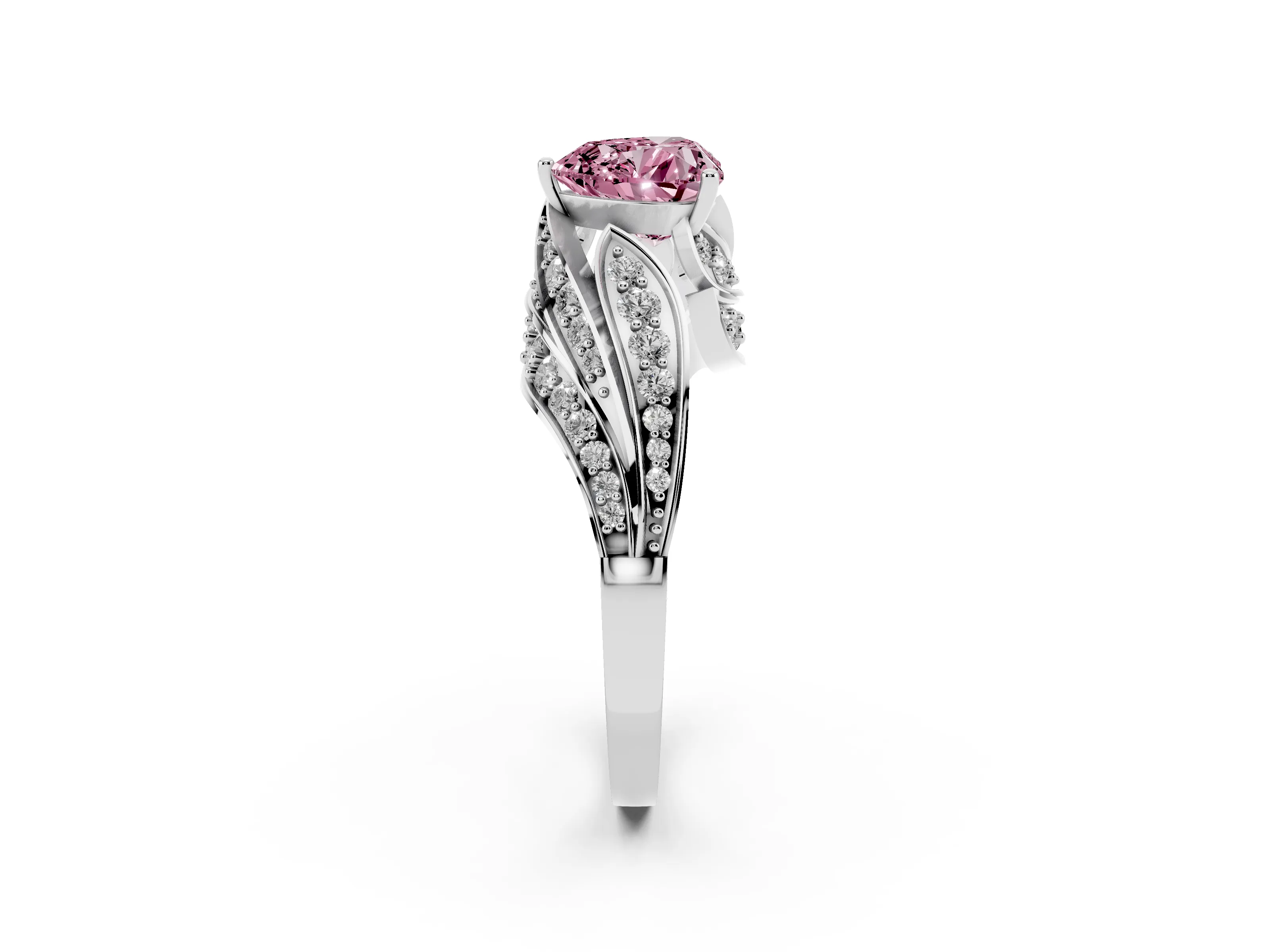 Fancy Pink Heart Cut Diamond Solitaire Ring Set in Platinum with Layered Twist Pavé Band