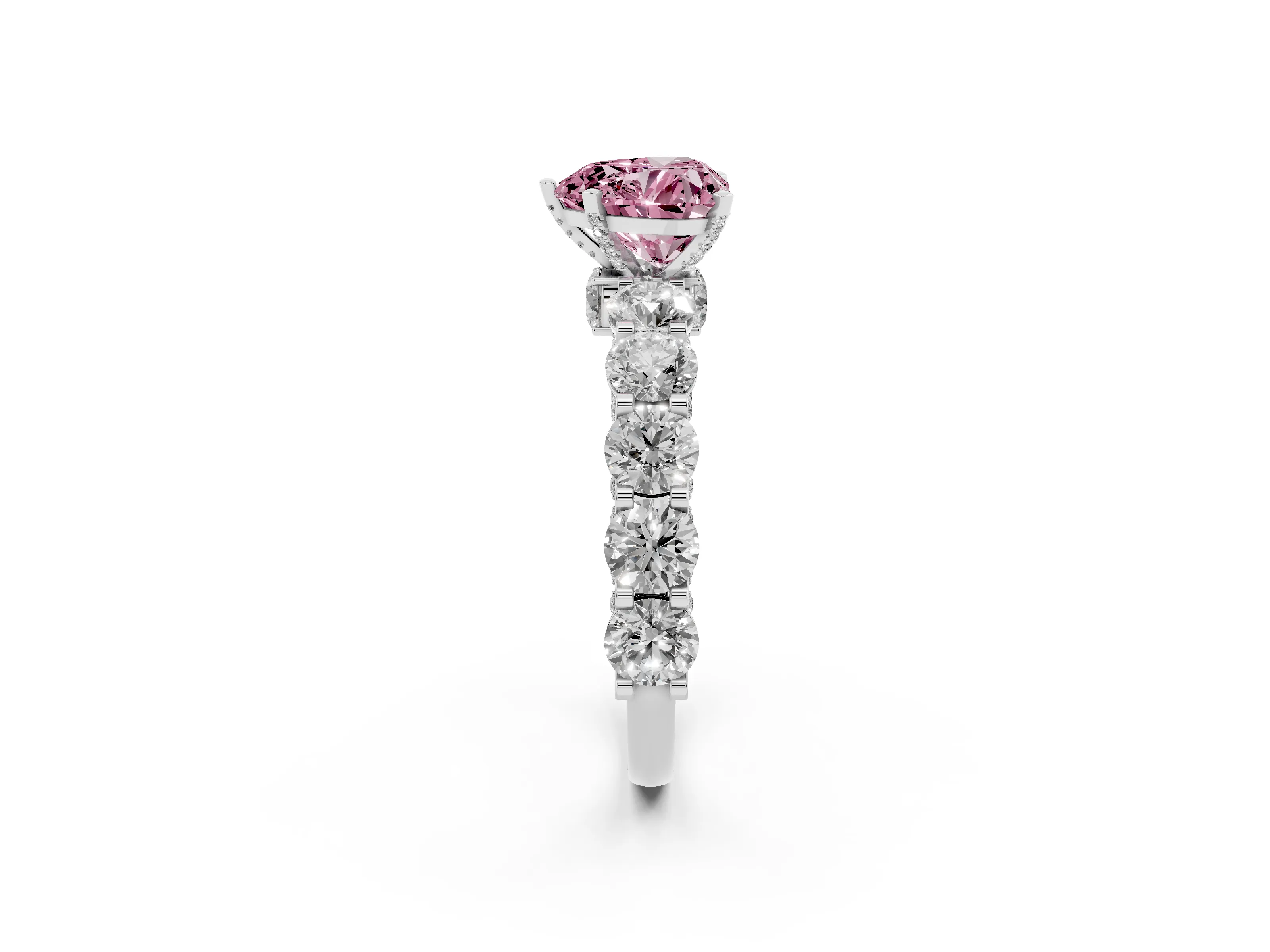 Fancy Pink Heart Cut Diamond Side Stone Ring Set in White gold with Alternating Round and Oval Side Stones