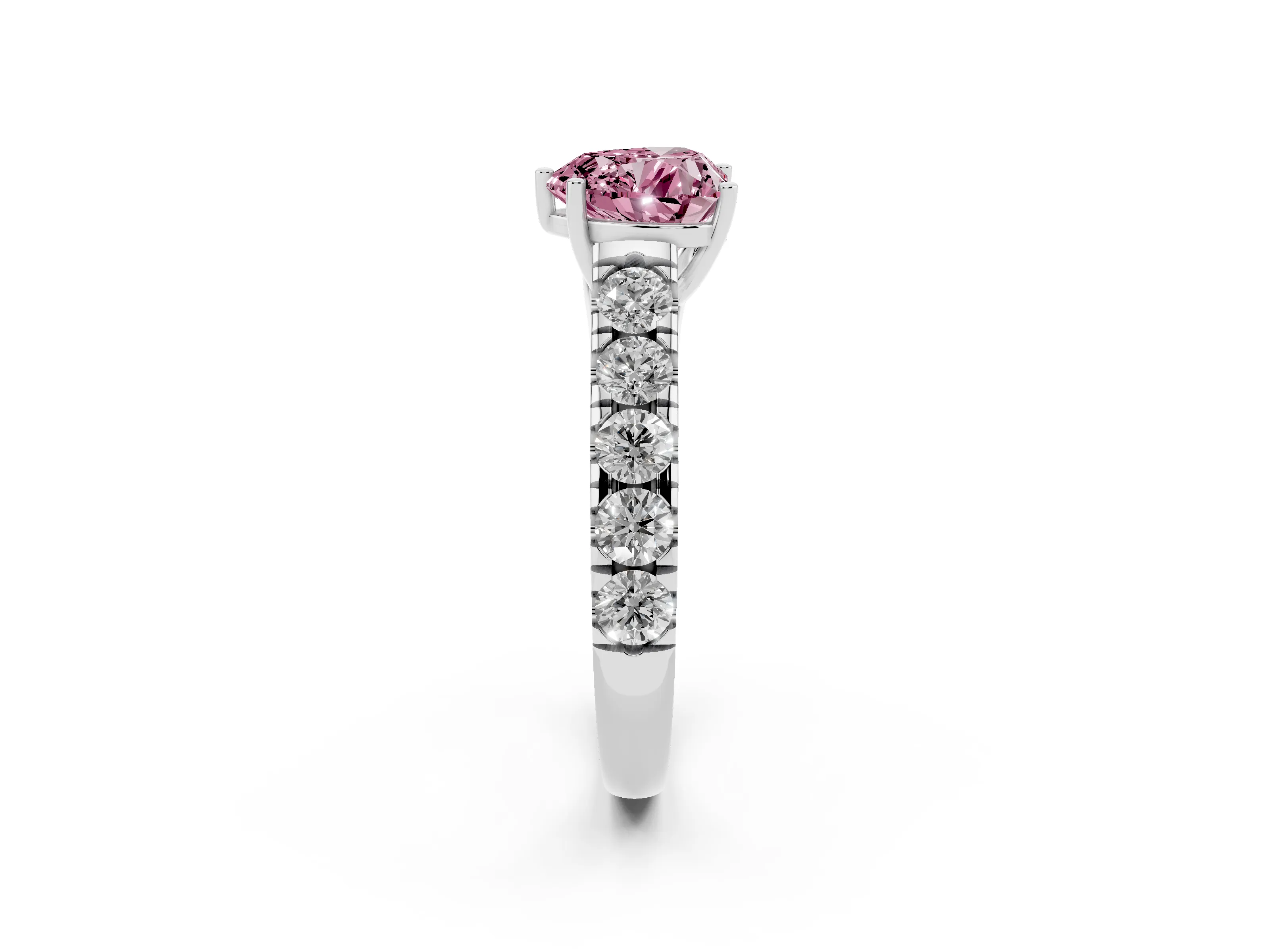 Fancy Pink Heart Cut Diamond Solitaire Ring Set in White gold with Cut-Down Micro Pavé Band and Prong Setting