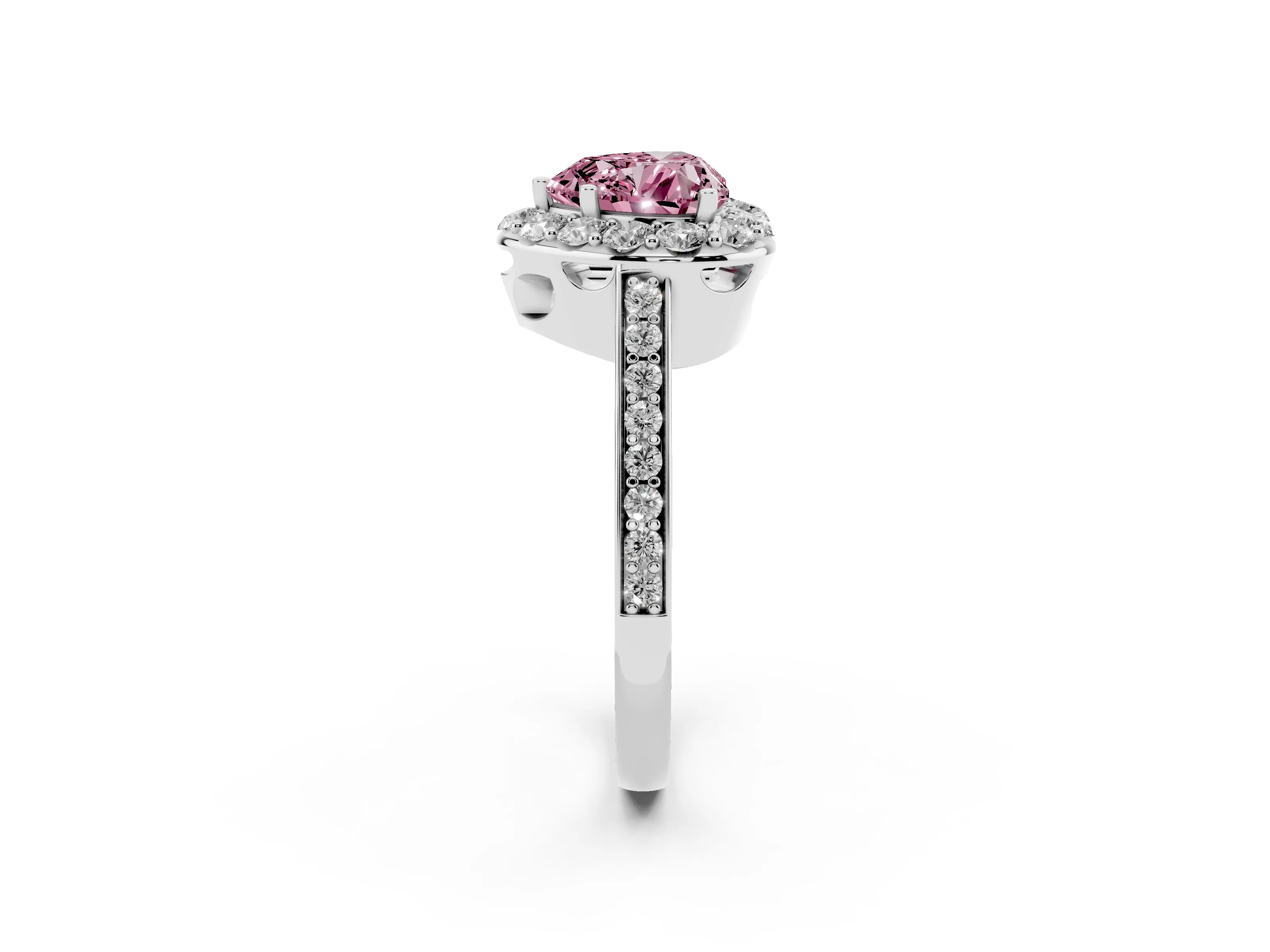 Fancy Pink Heart Cut Diamond Floral Halo Ring Set in White gold with Pavé Band and Prong Setting