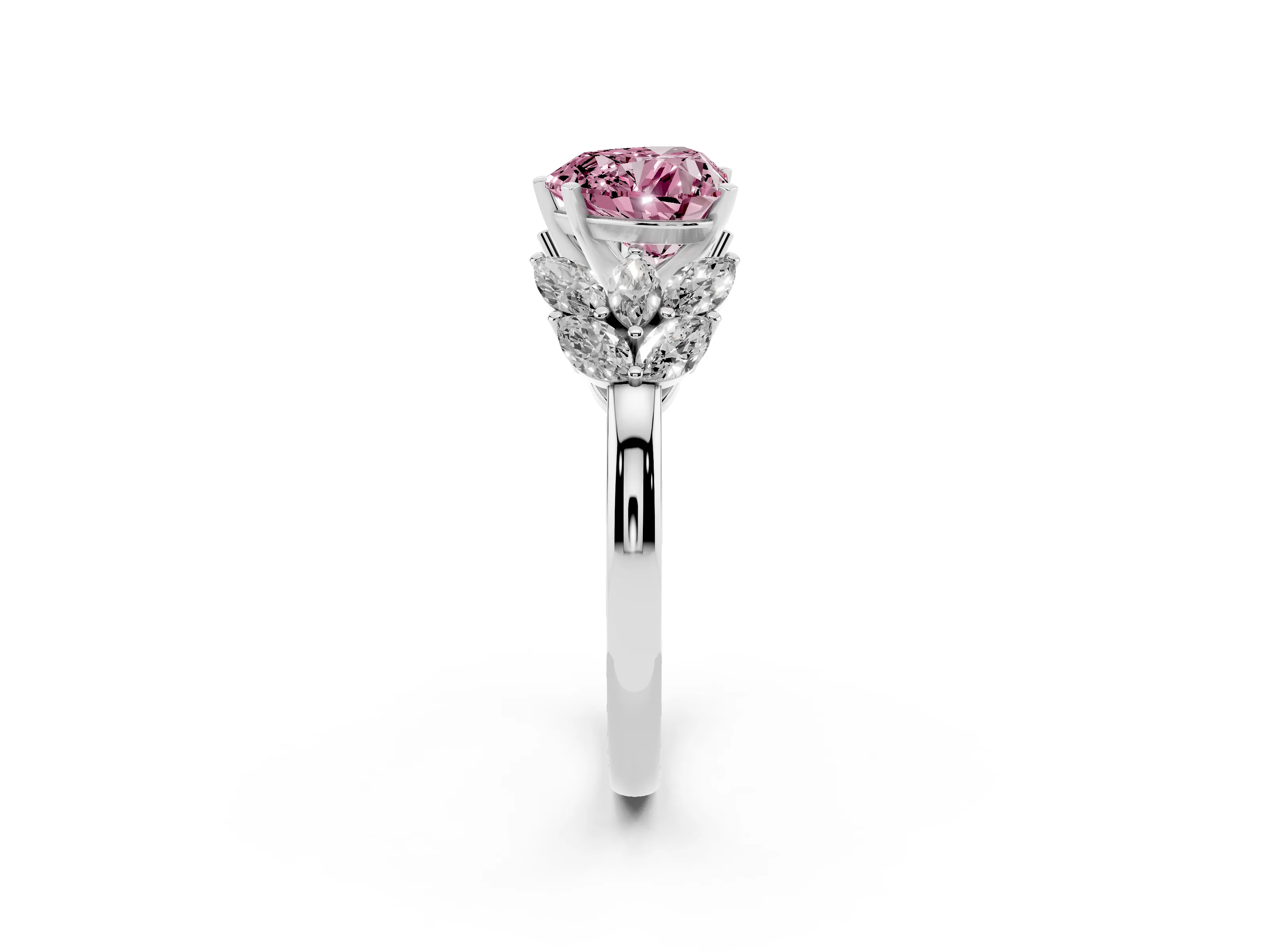 Fancy Pink Heart Cut Diamond Cluster Leaf Design Ring Set in Silver with Prong Setting