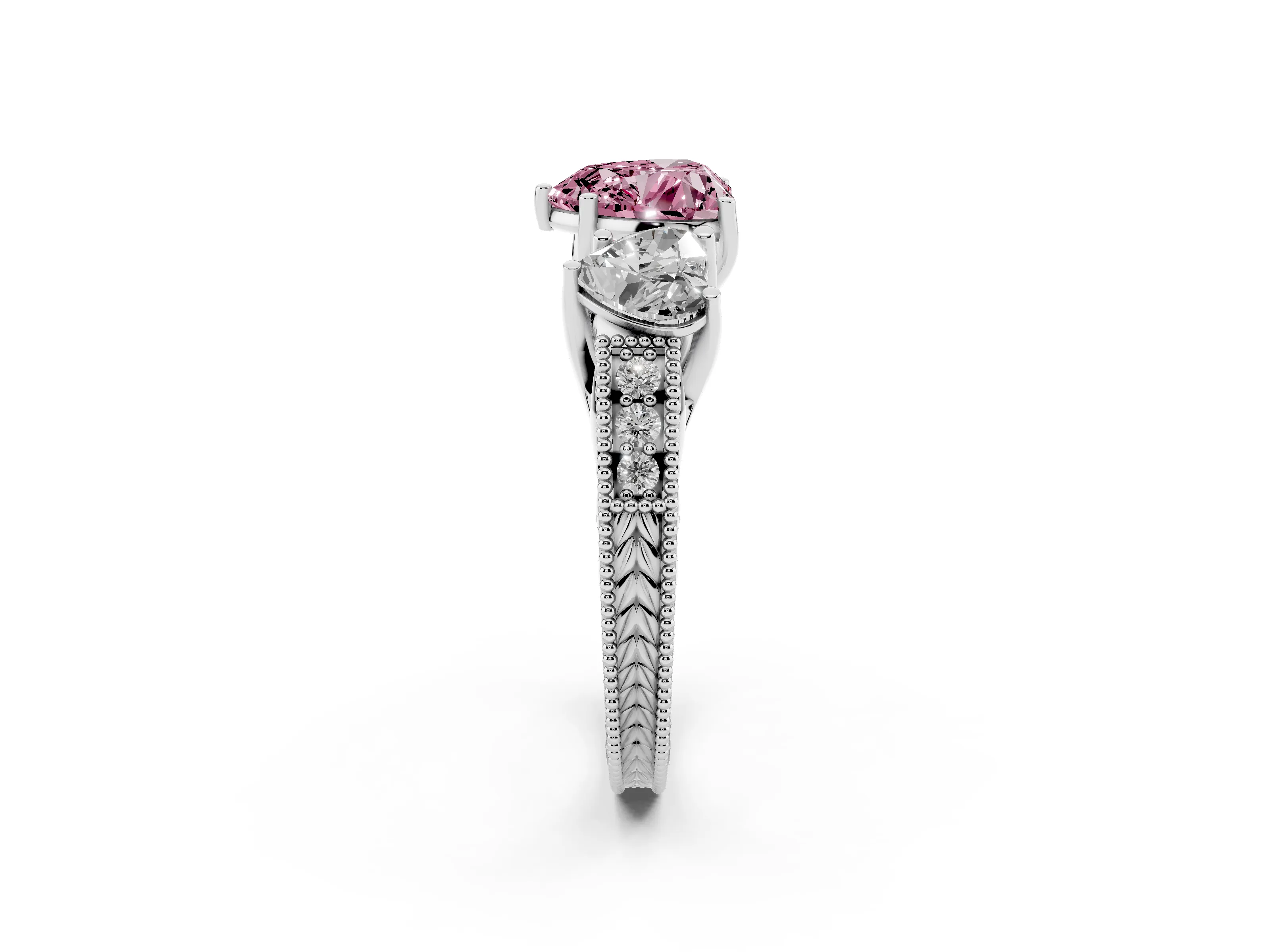 Fancy Pink Heart Cut Diamond Three-Stone Engagement Ring Set in Silver with Milgrain Pavé Band