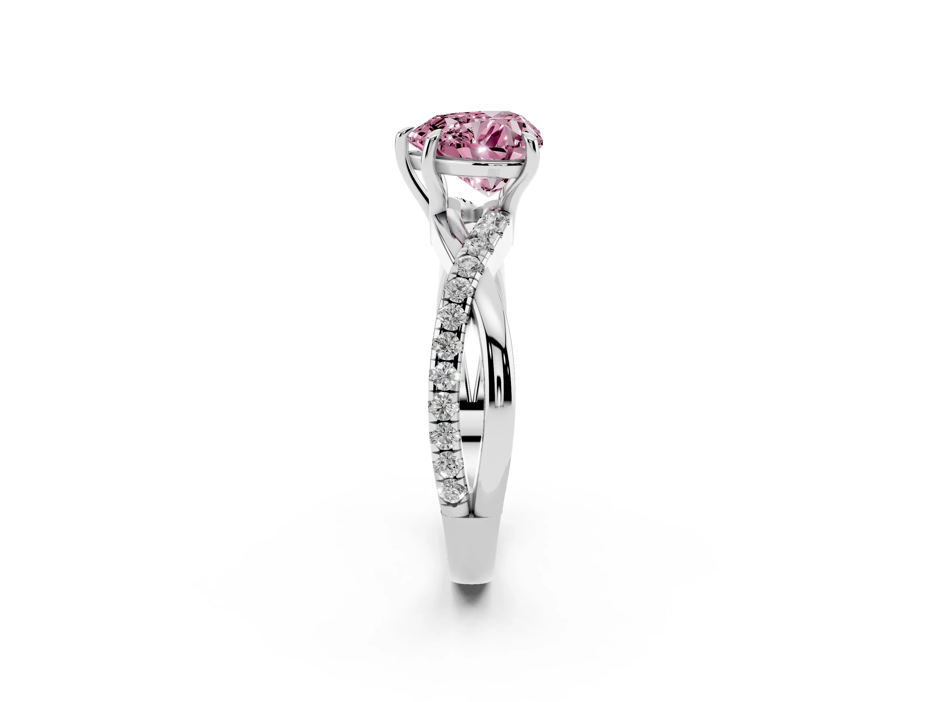 Fancy Pink Heart Cut Diamond Twisted Pavé Band Ring Set in Silver with Prong Setting