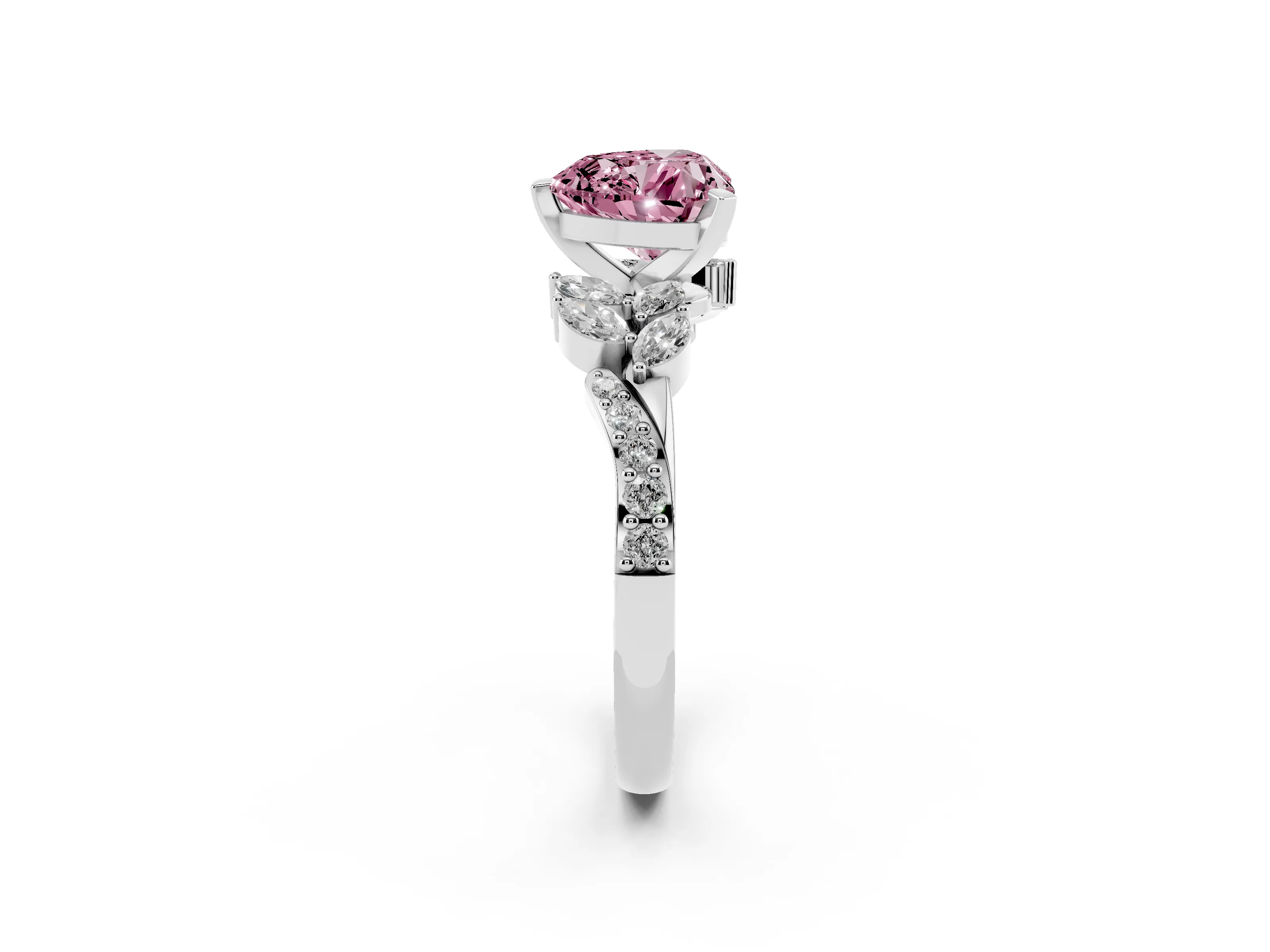 Fancy Pink Heart Cut Diamond Solitaire Ring Set in Silver with Marquise Twist Band and Prong Setting