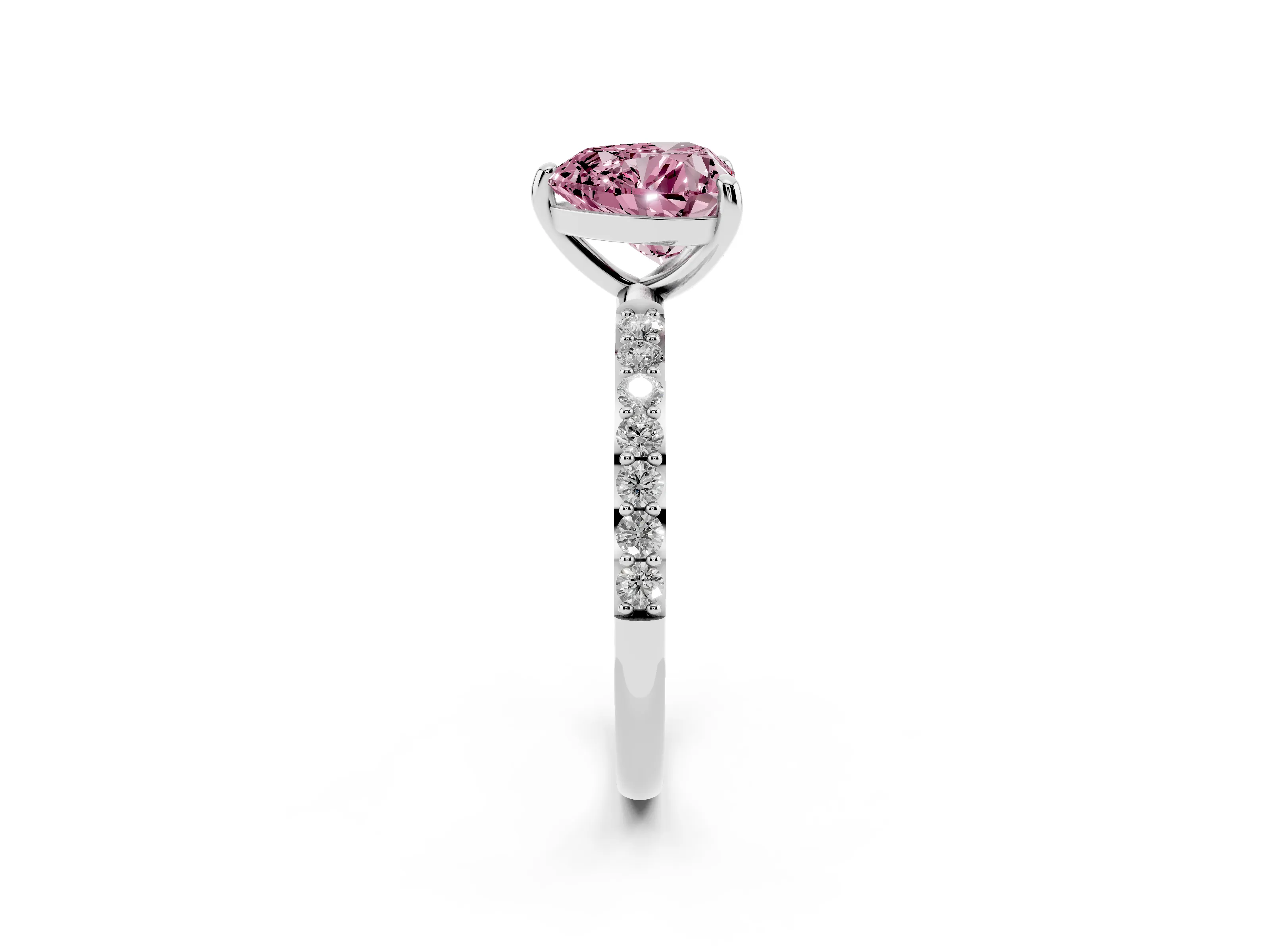 Fancy Pink Heart Cut Diamond Solitaire Ring Set in Platinum with Round Pavé Band and Prong Setting