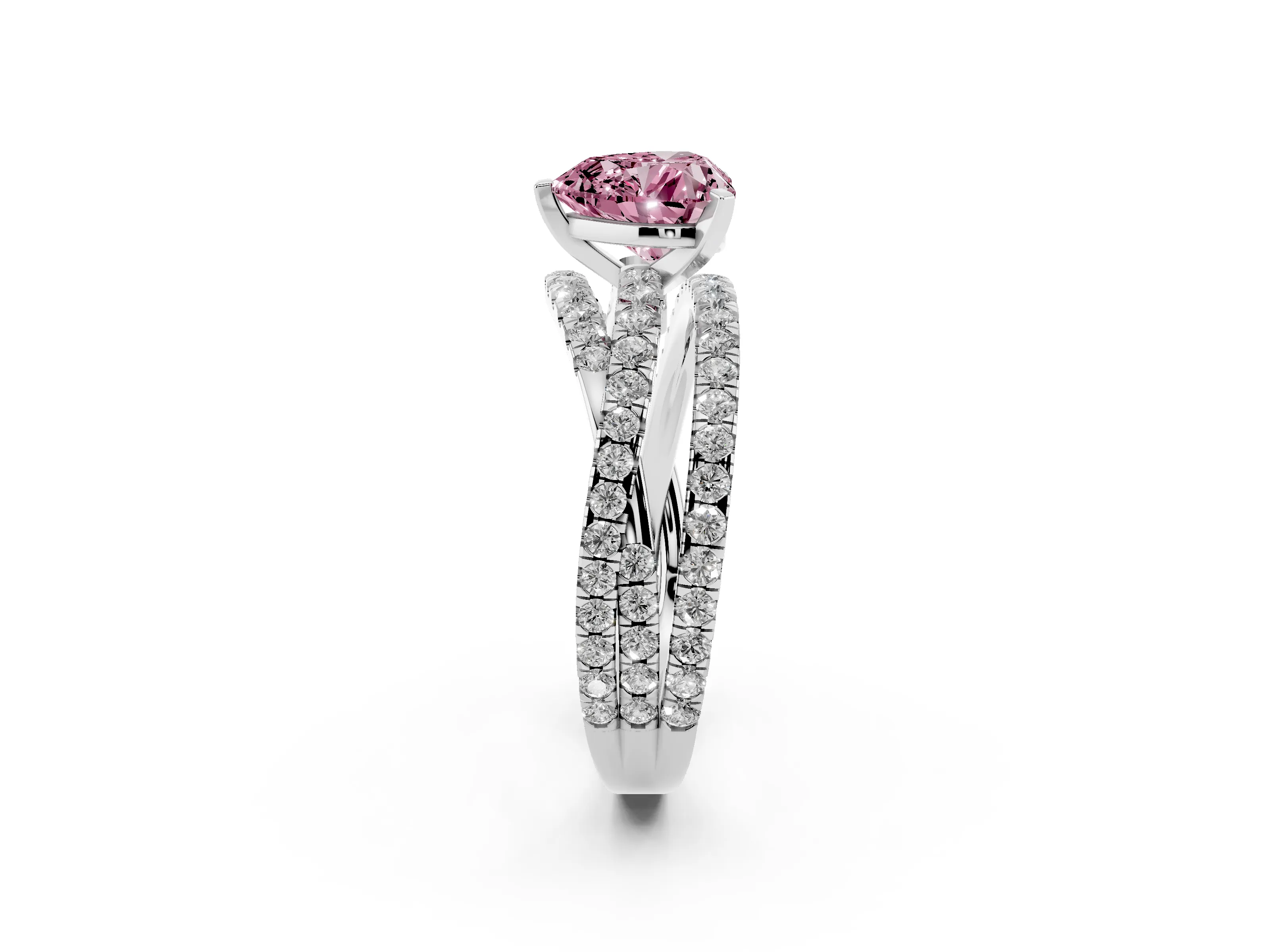 Fancy Pink Heart Cut Diamond Solitaire Twist Band Ring Set in Silver with Pavé Setting and Prong Head