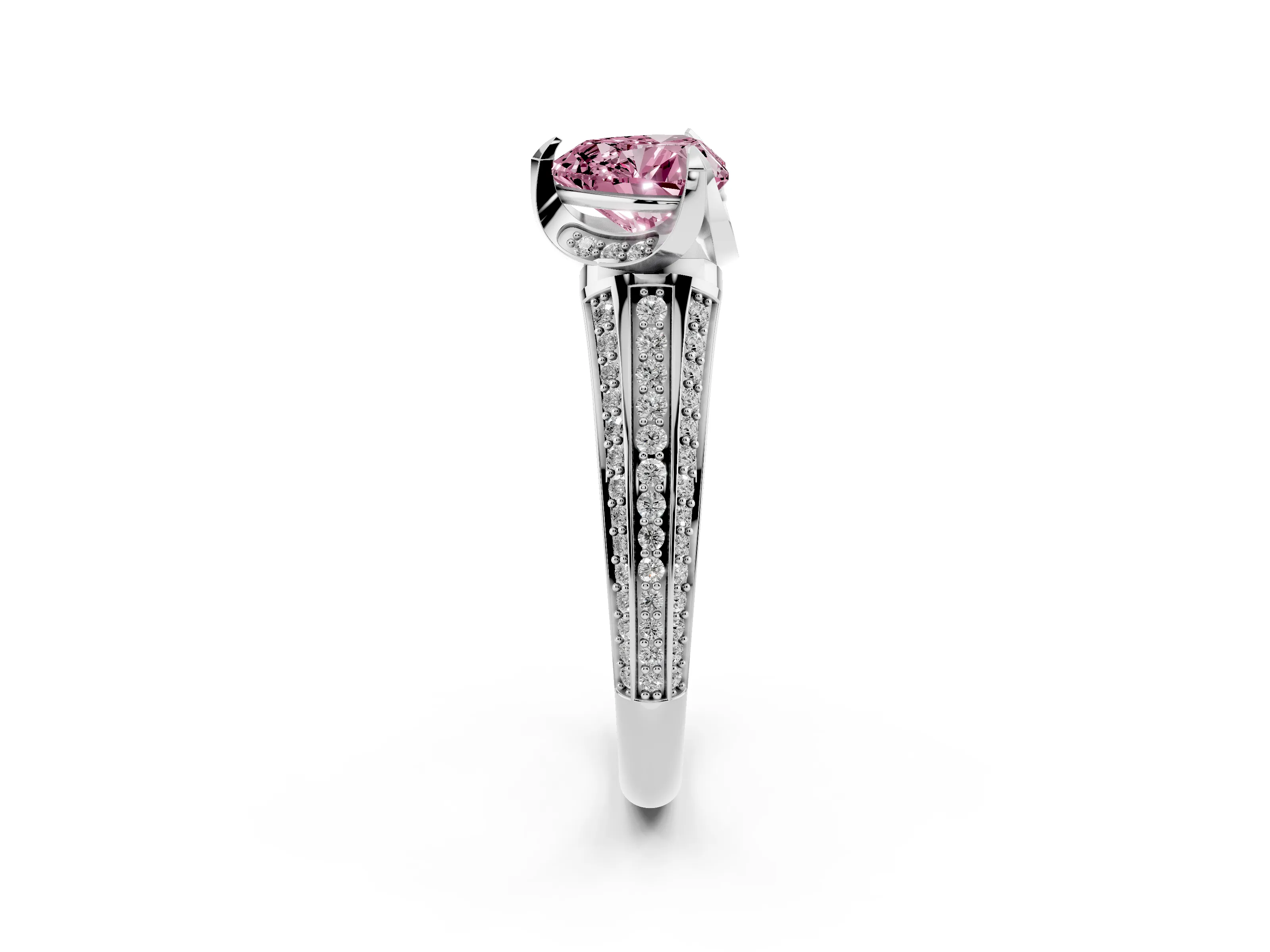 Fancy Pink Heart Cut Diamond Pavé Split Shank Solitaire Ring Set in Silver with Prong Setting