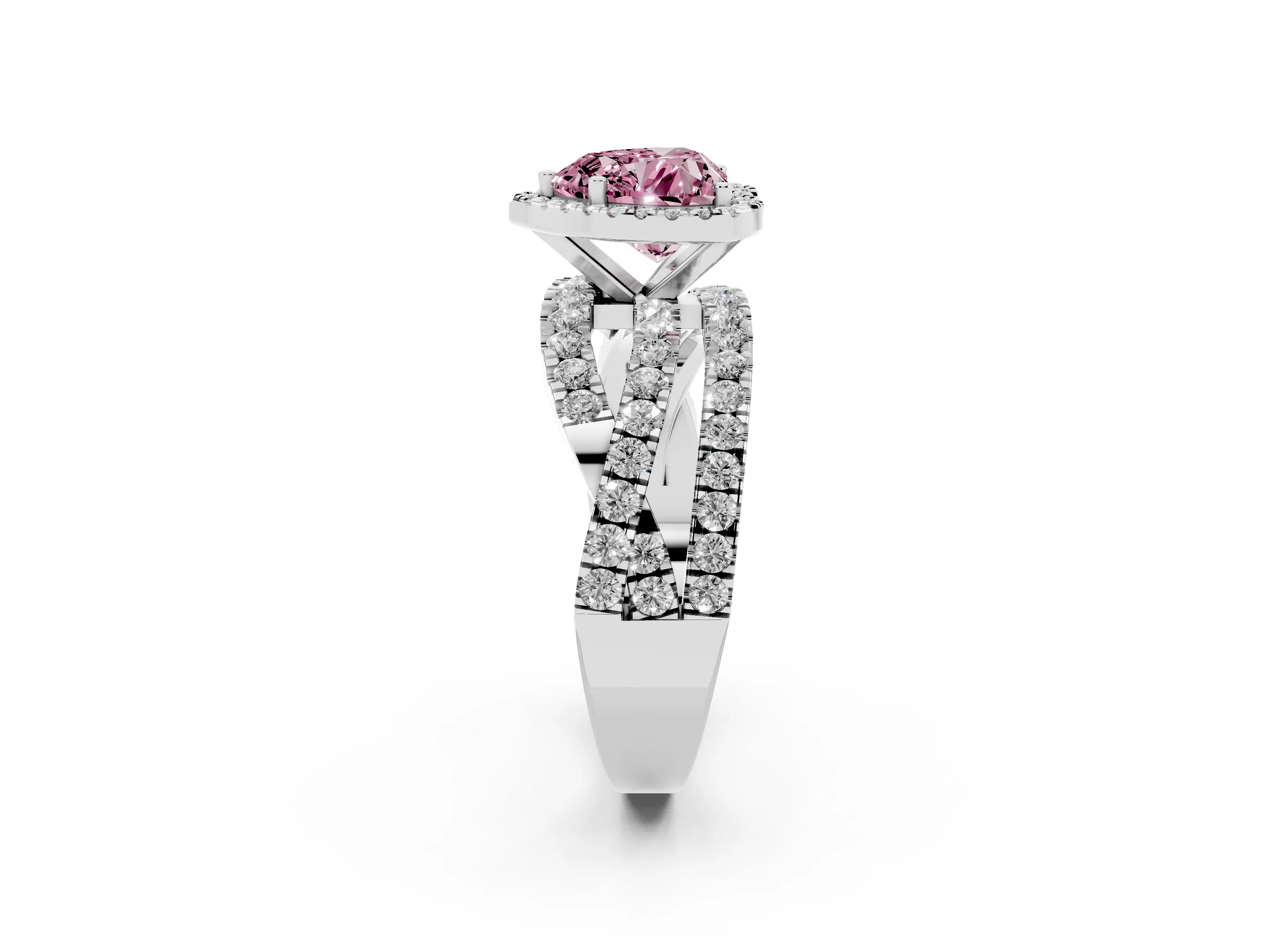 Fancy Pink Heart Cut Diamond Halo Ring Set in Silver with Round Crossover Split Shank and Prong Setting