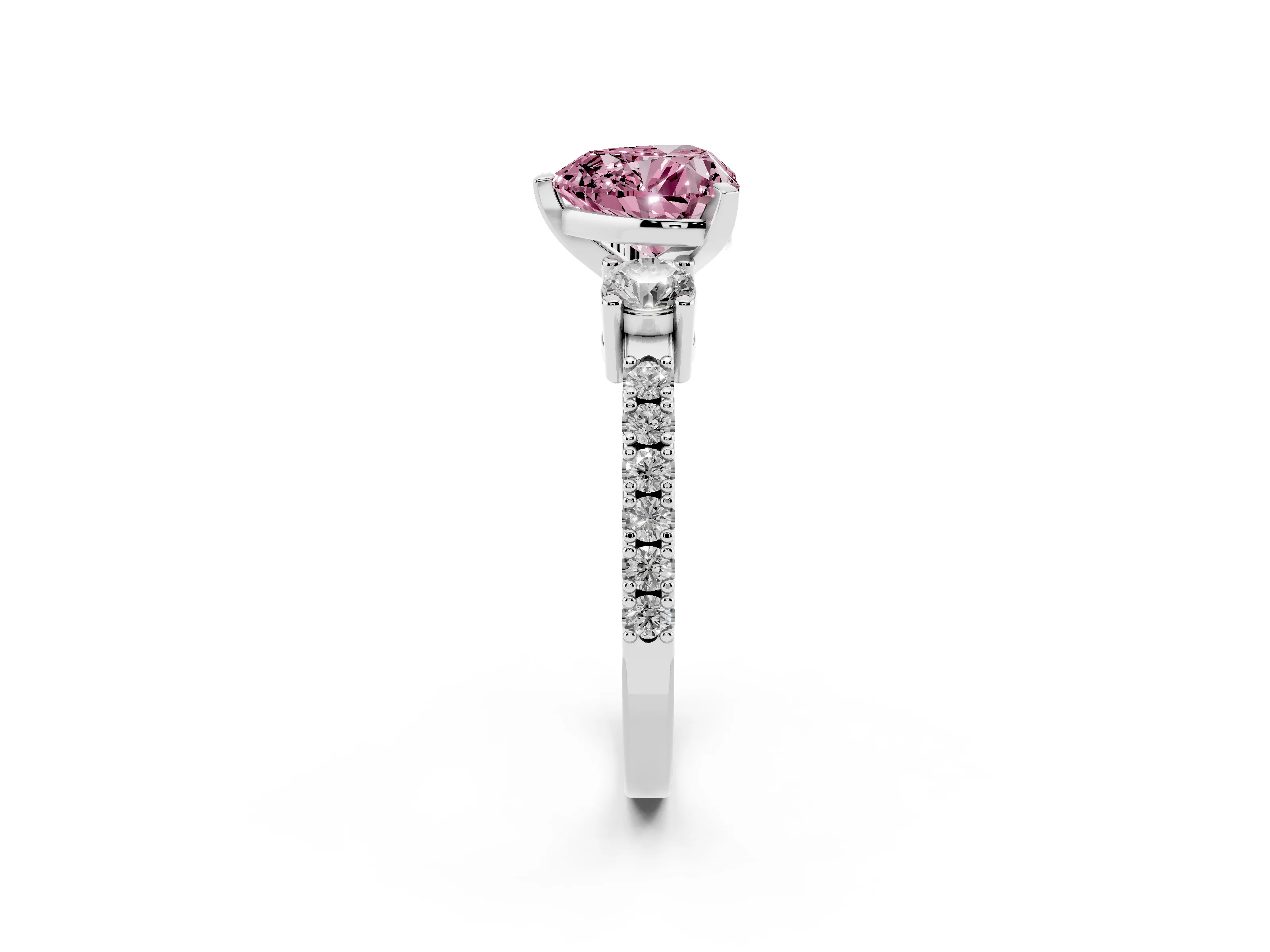 Fancy Pink Three-Stone Heart Cut Diamond Pavé Band Ring Set in White gold with Prong Setting