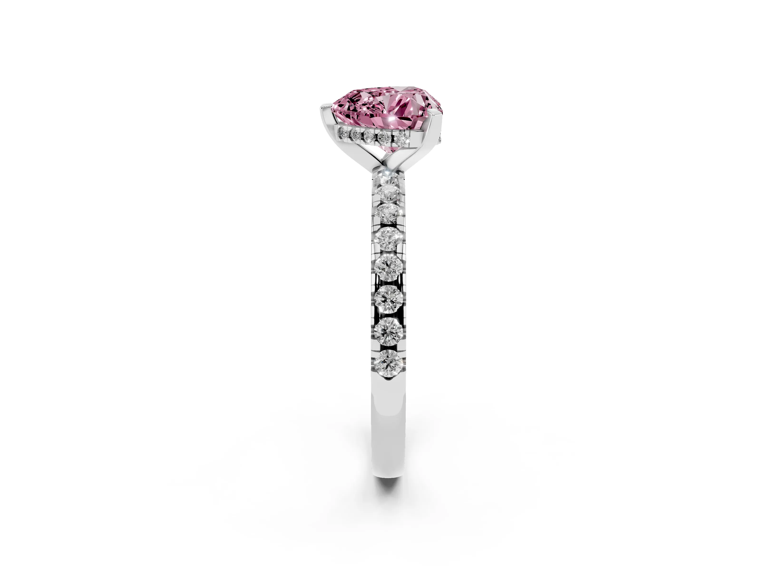 Fancy Pink Heart Cut Diamond Pavé Solitaire Ring Set in White gold with Round Band Accents and Prong Setting
