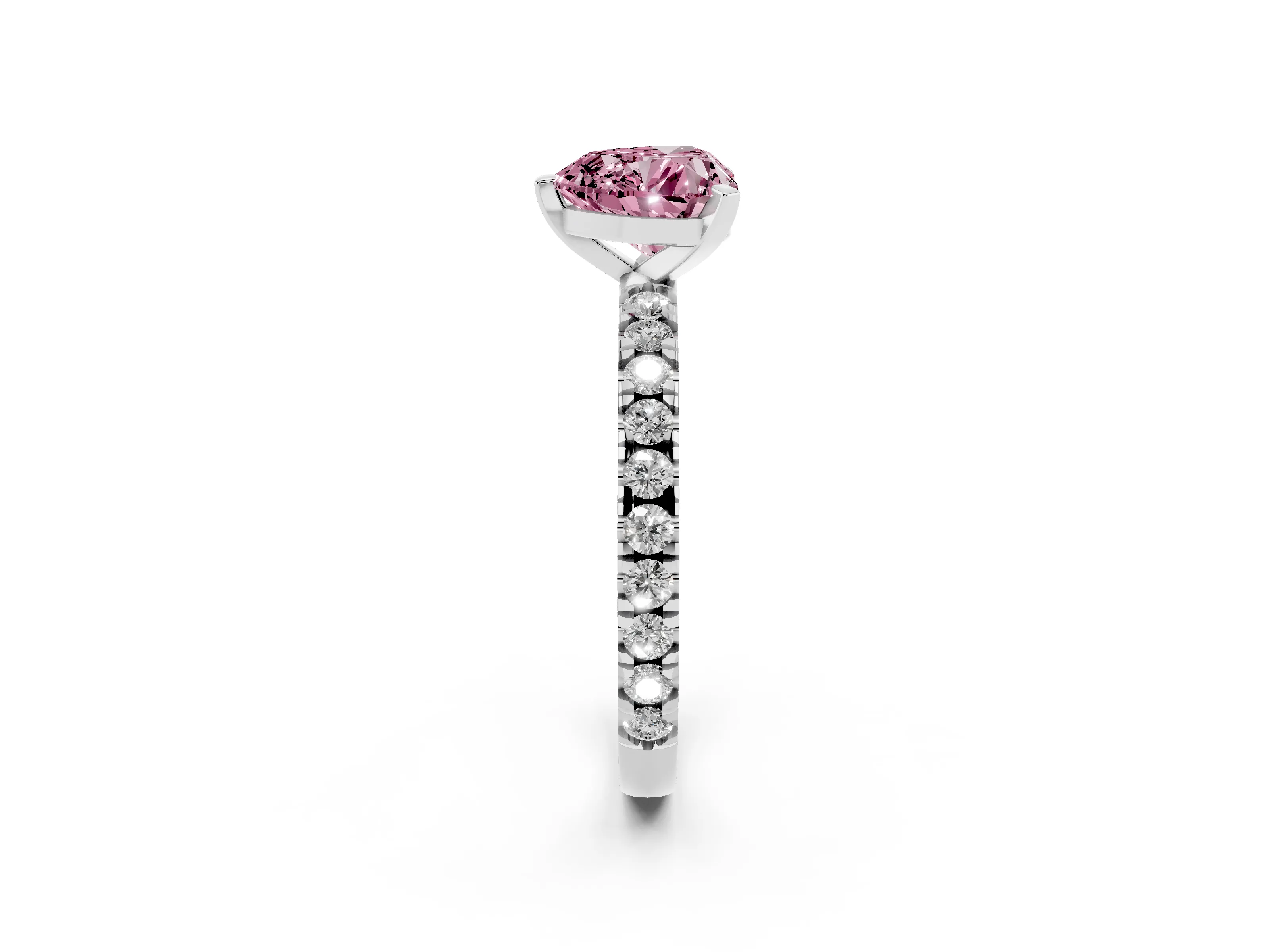 Fancy Pink Heart Cut Diamond Pavé Band Solitaire Set in Silver with Prong Setting