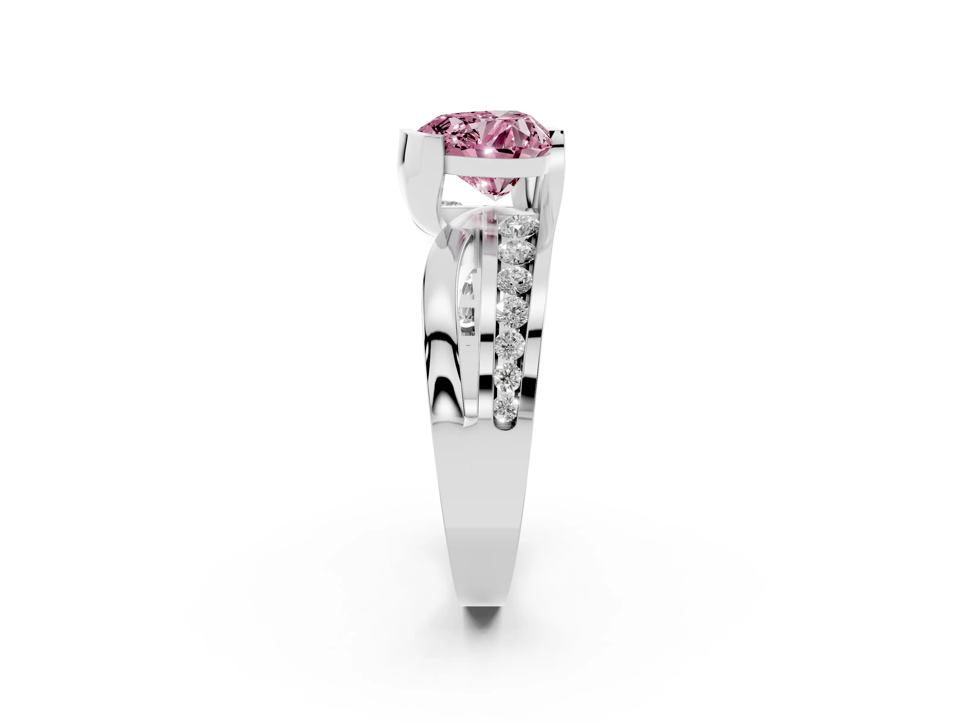 Fancy Pink Heart Cut Diamond Solitaire Ring Set in Platinum with Channel Set Split Shank and Tension Prongs