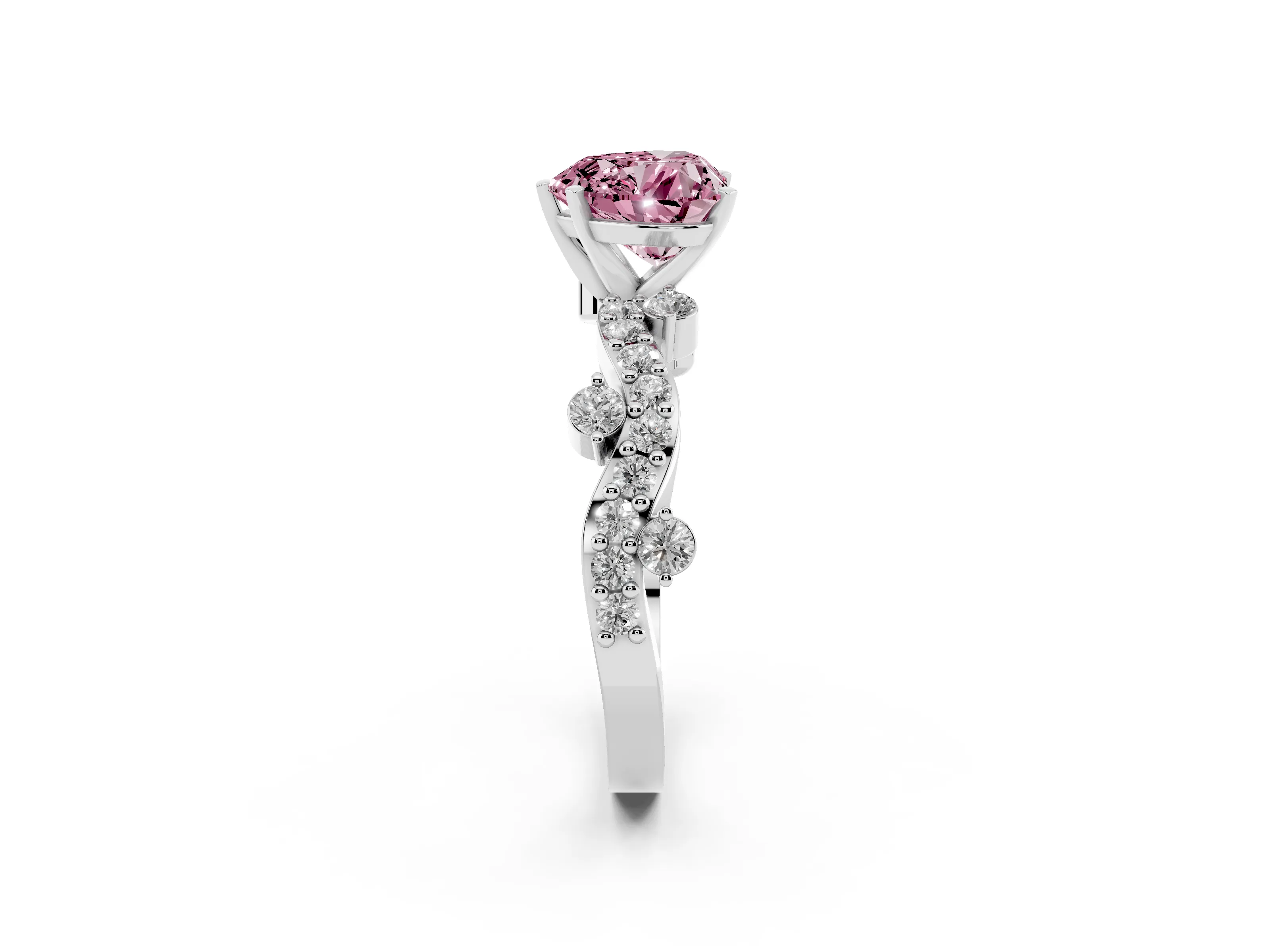 Fancy Pink Heart Cut Diamond Solitaire Twisted Band Set in White gold with Pavé Setting