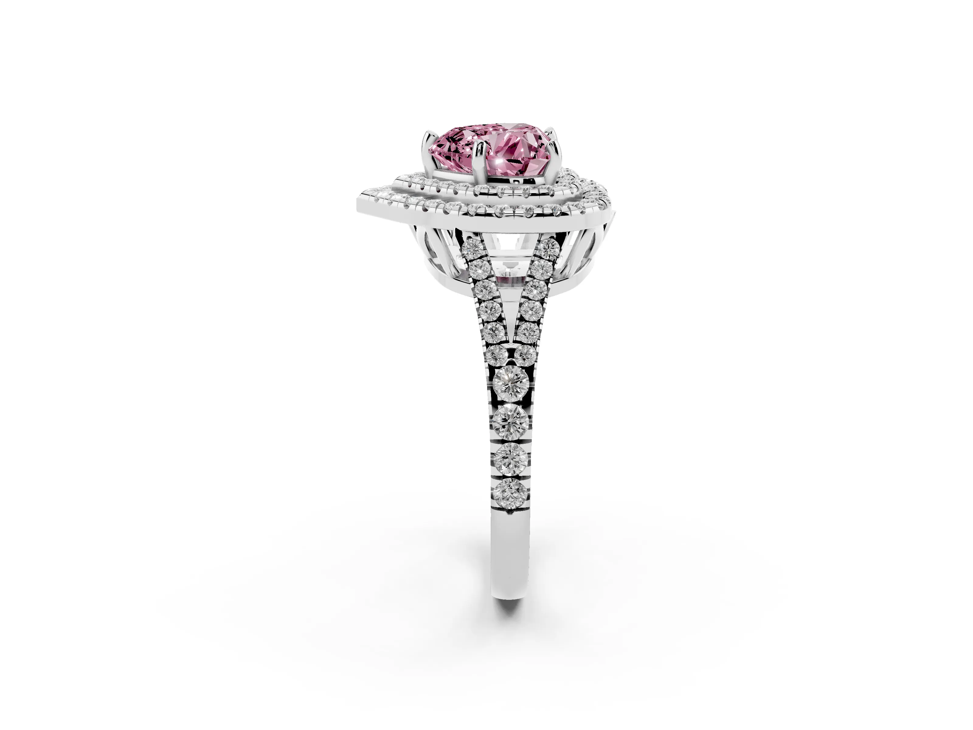 Fancy Pink Heart Cut Diamond Double Halo Ring Set in Silver with Pavé Band