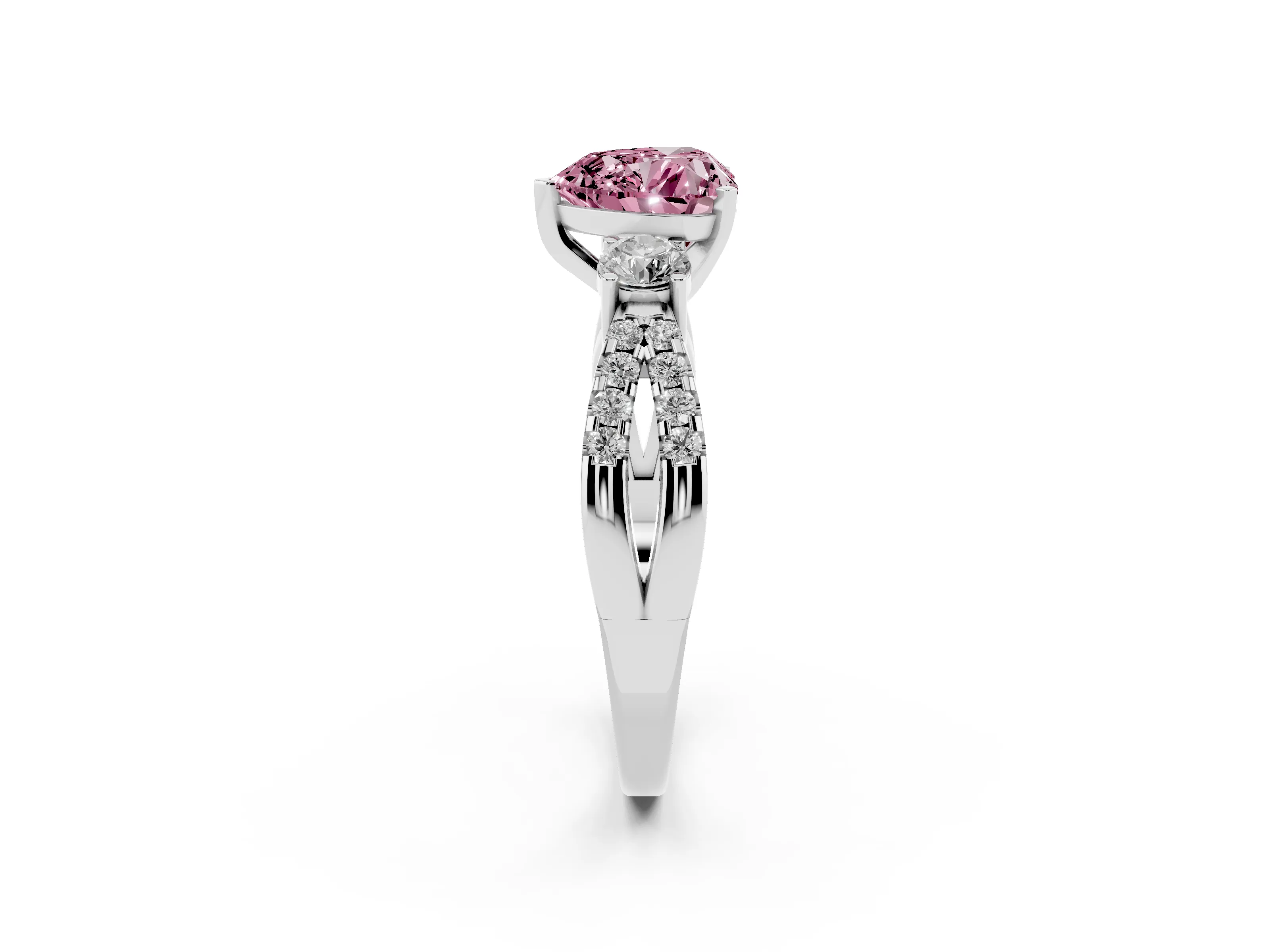 Fancy Pink Heart Cut Diamond Three-Stone Ring Set in Silver with Pavé Split Shank and Prong Setting