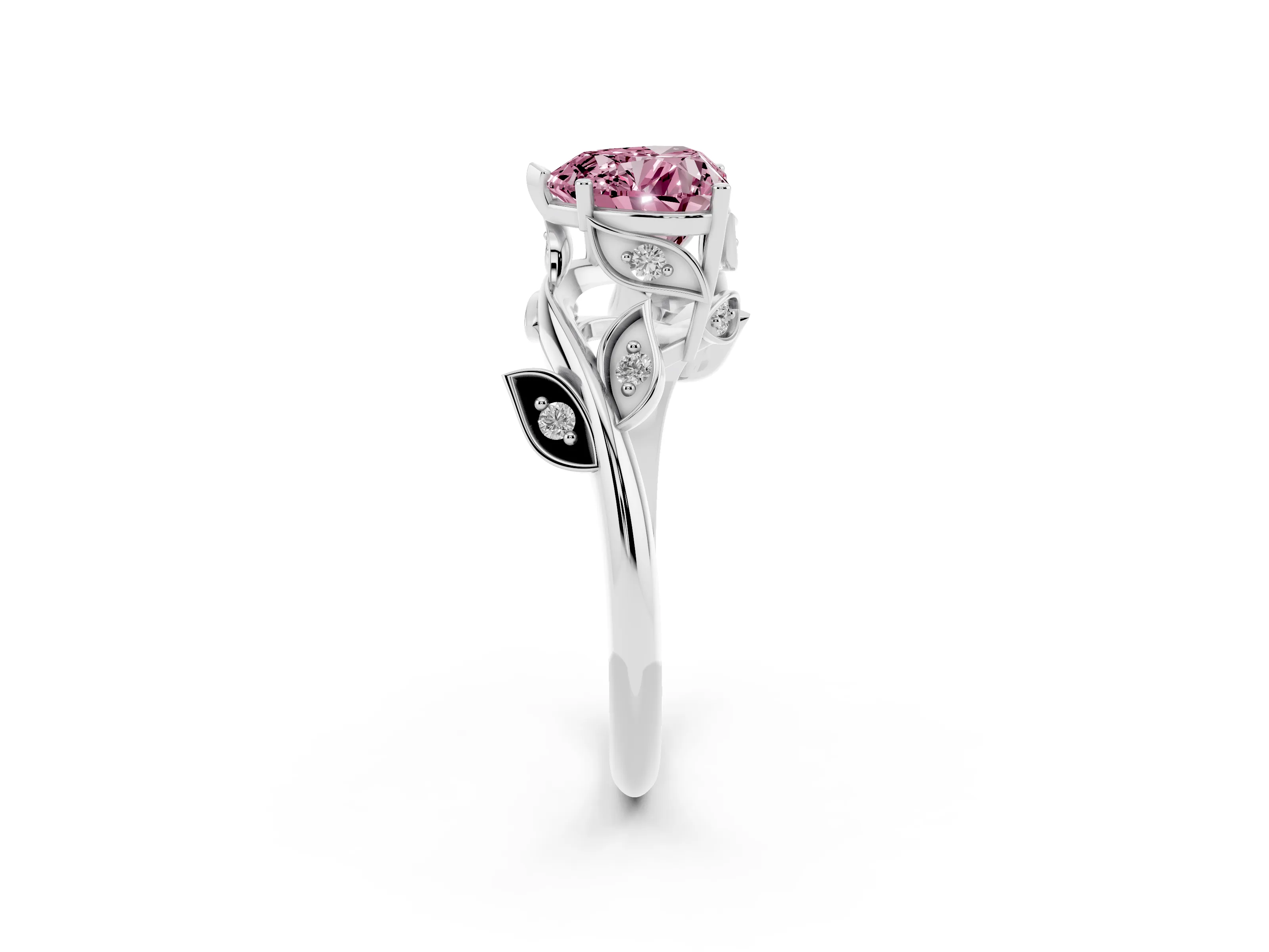 Fancy Pink Heart Cut Diamond Solitaire Twist Engagement Ring Set in White gold with Pavé Leaf Accents