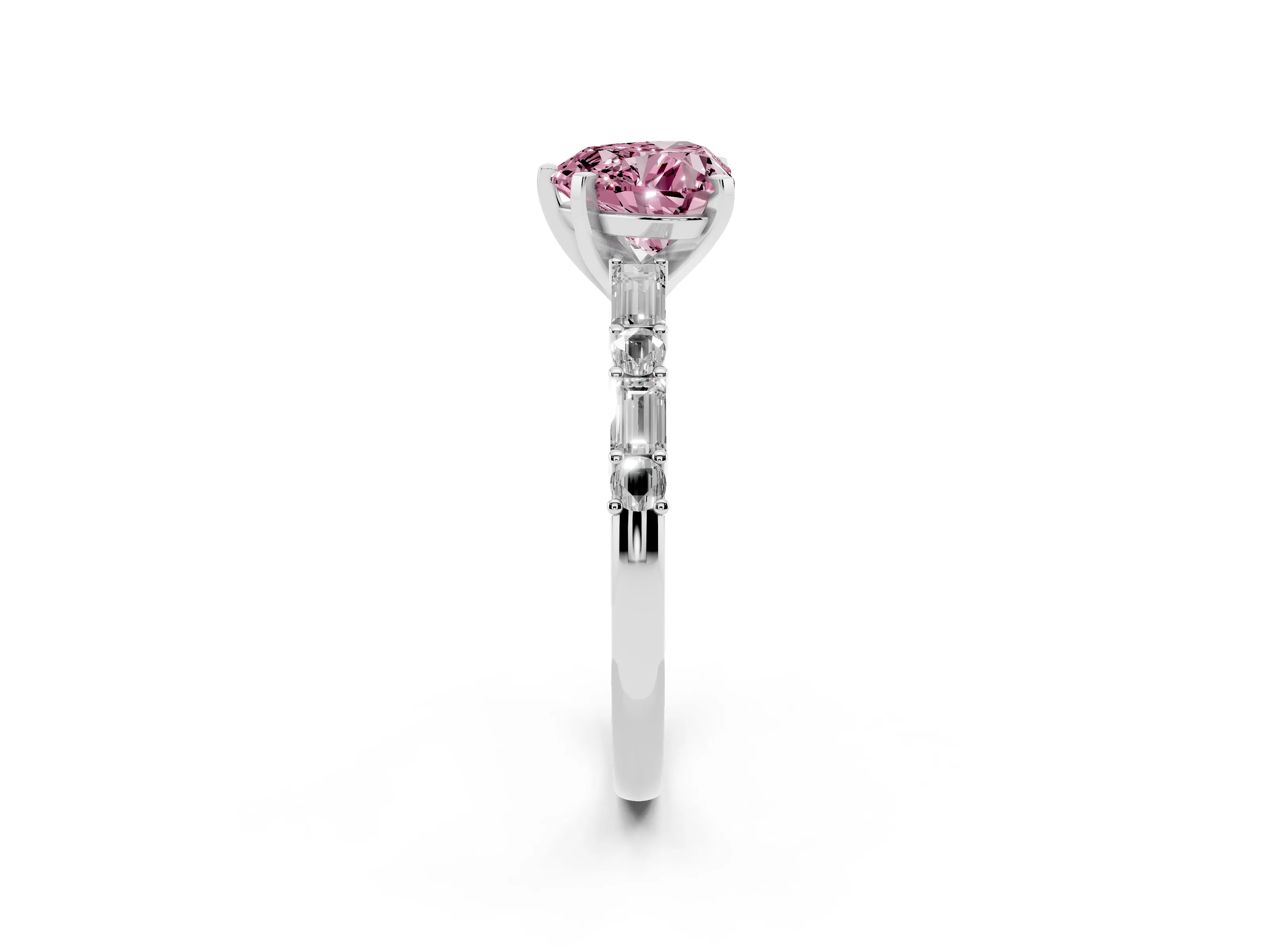 Fancy Pink Heart Cut Diamond Solitaire Set in Silver with Side Baguettes and Channel Set Band