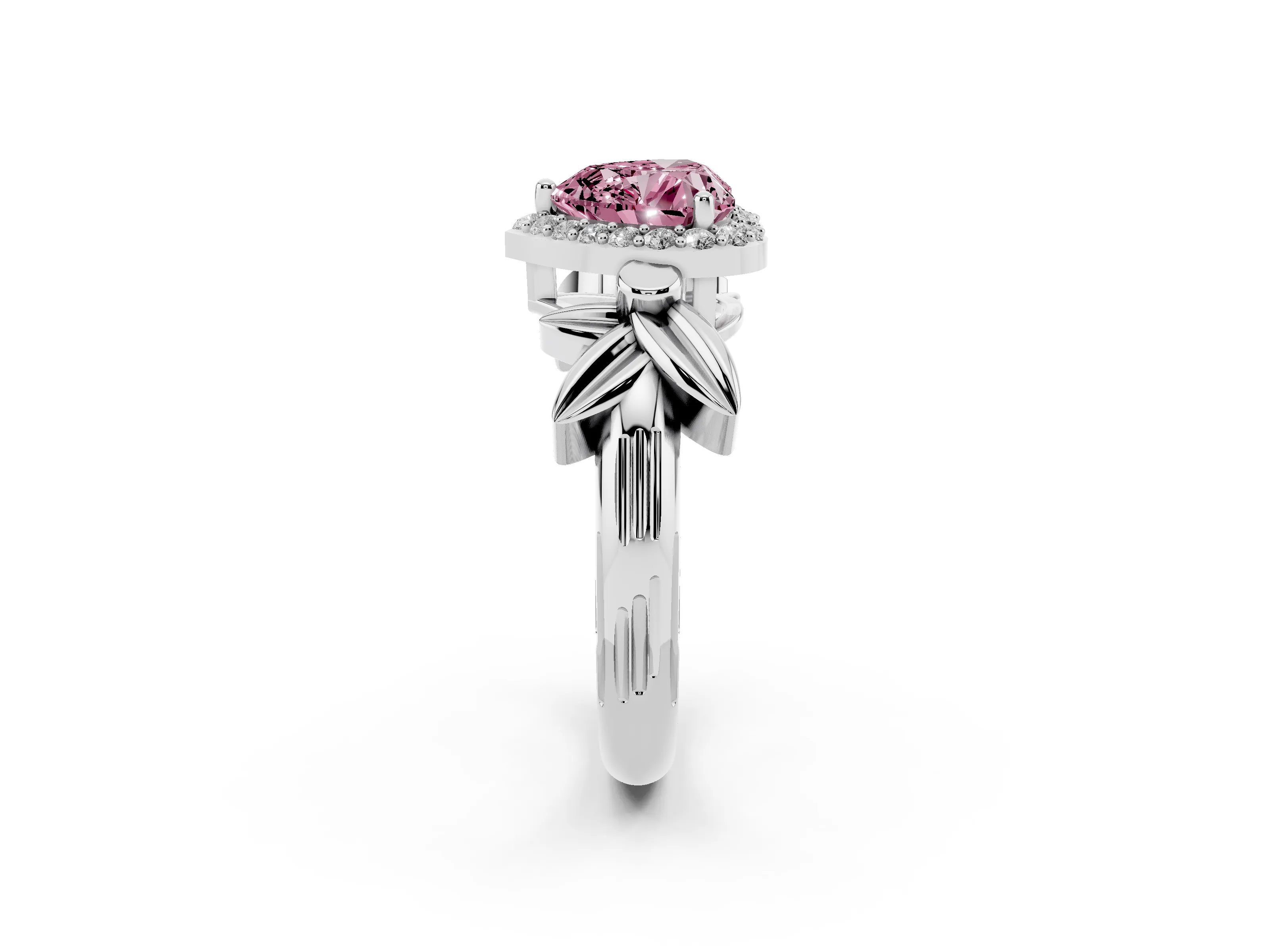 Fancy Pink Heart Cut Diamond Halo Floral Band Ring Set in White gold with Prong Setting