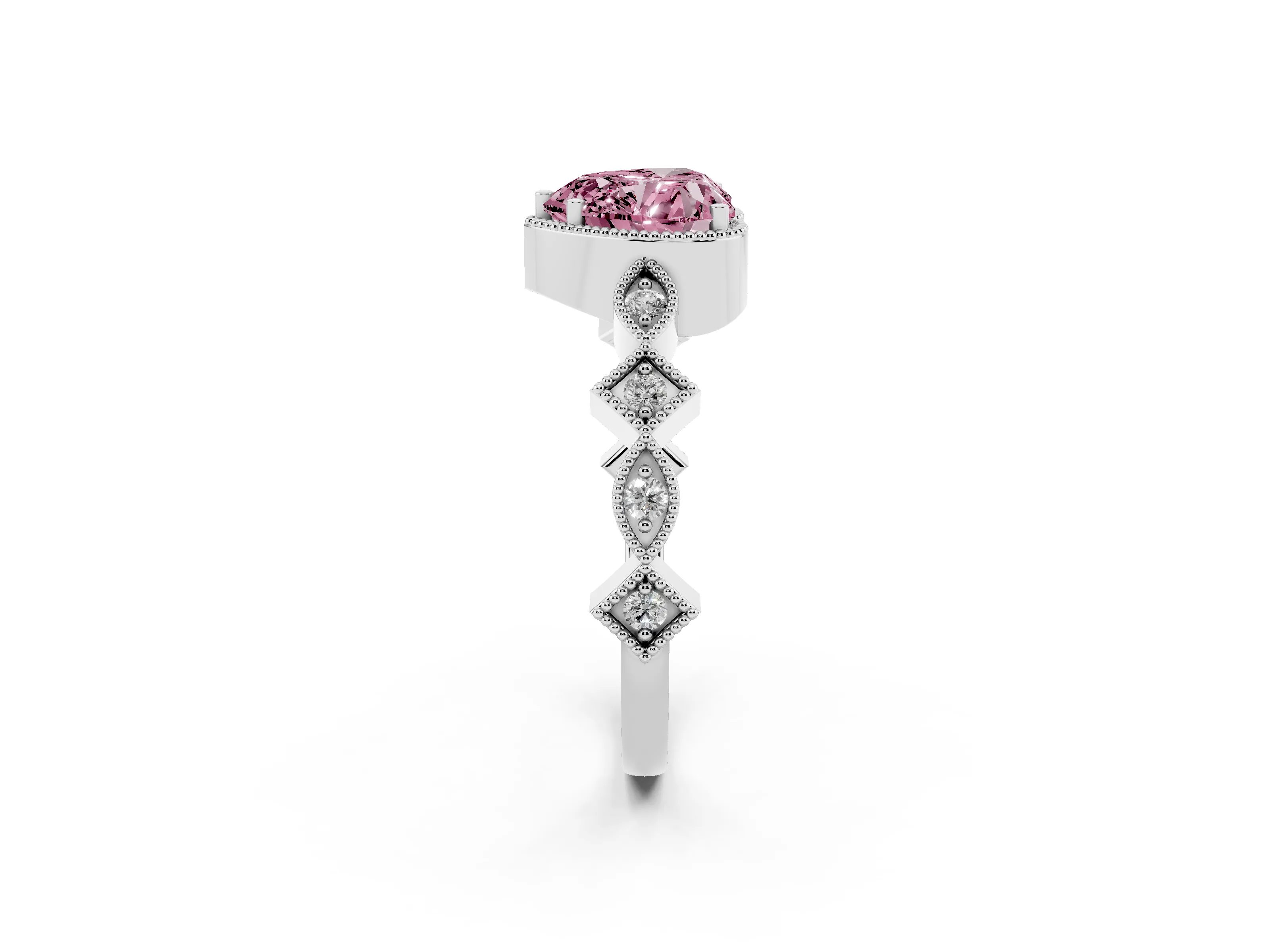 Fancy Pink Heart Cut Diamond Milgrain Marquise Twist Band Ring Set in White gold with Prong Setting