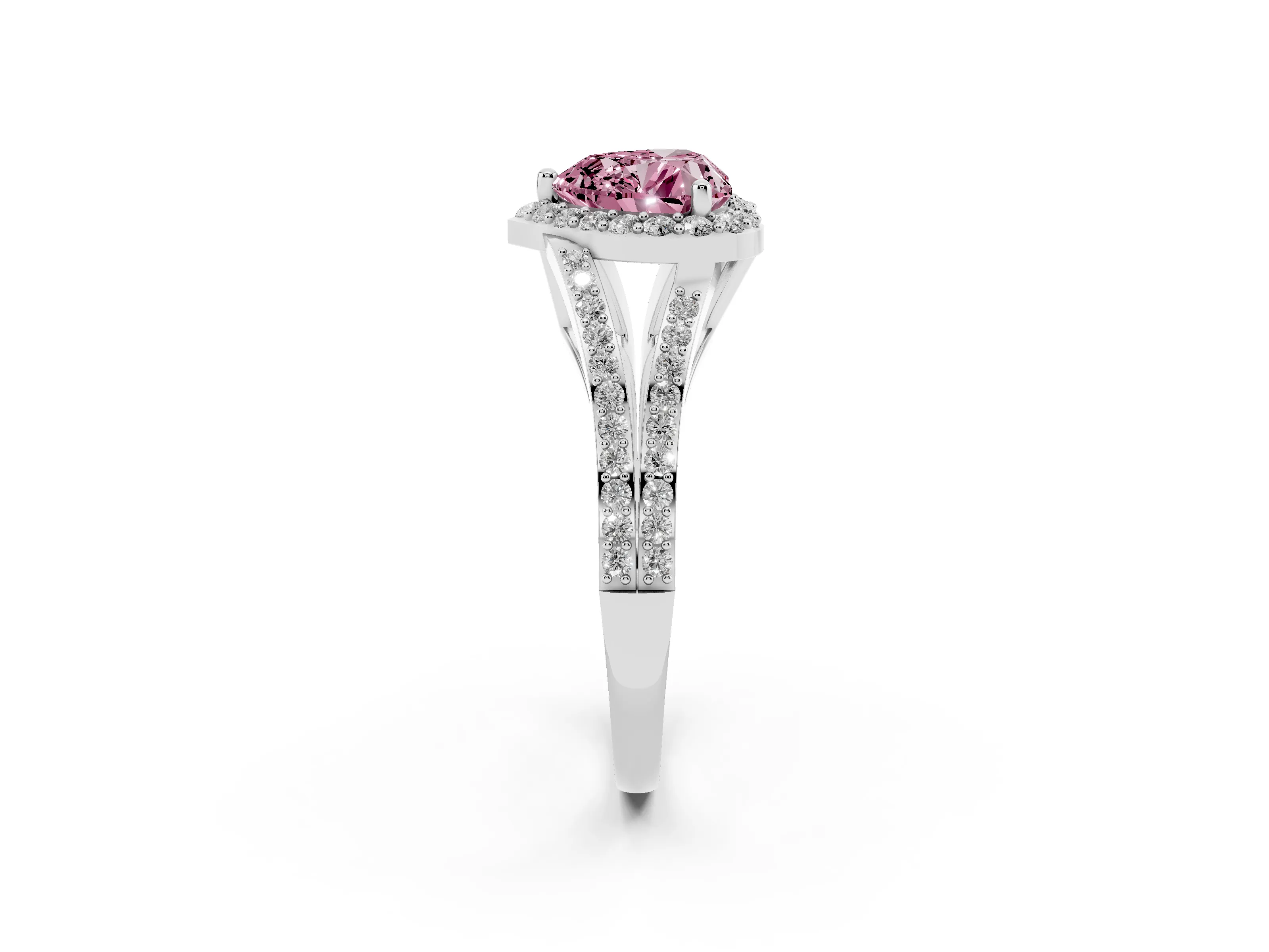 Fancy Pink Heart Cut Diamond Halo Split Shank Pavé Ring Set in Silver with Prong Setting