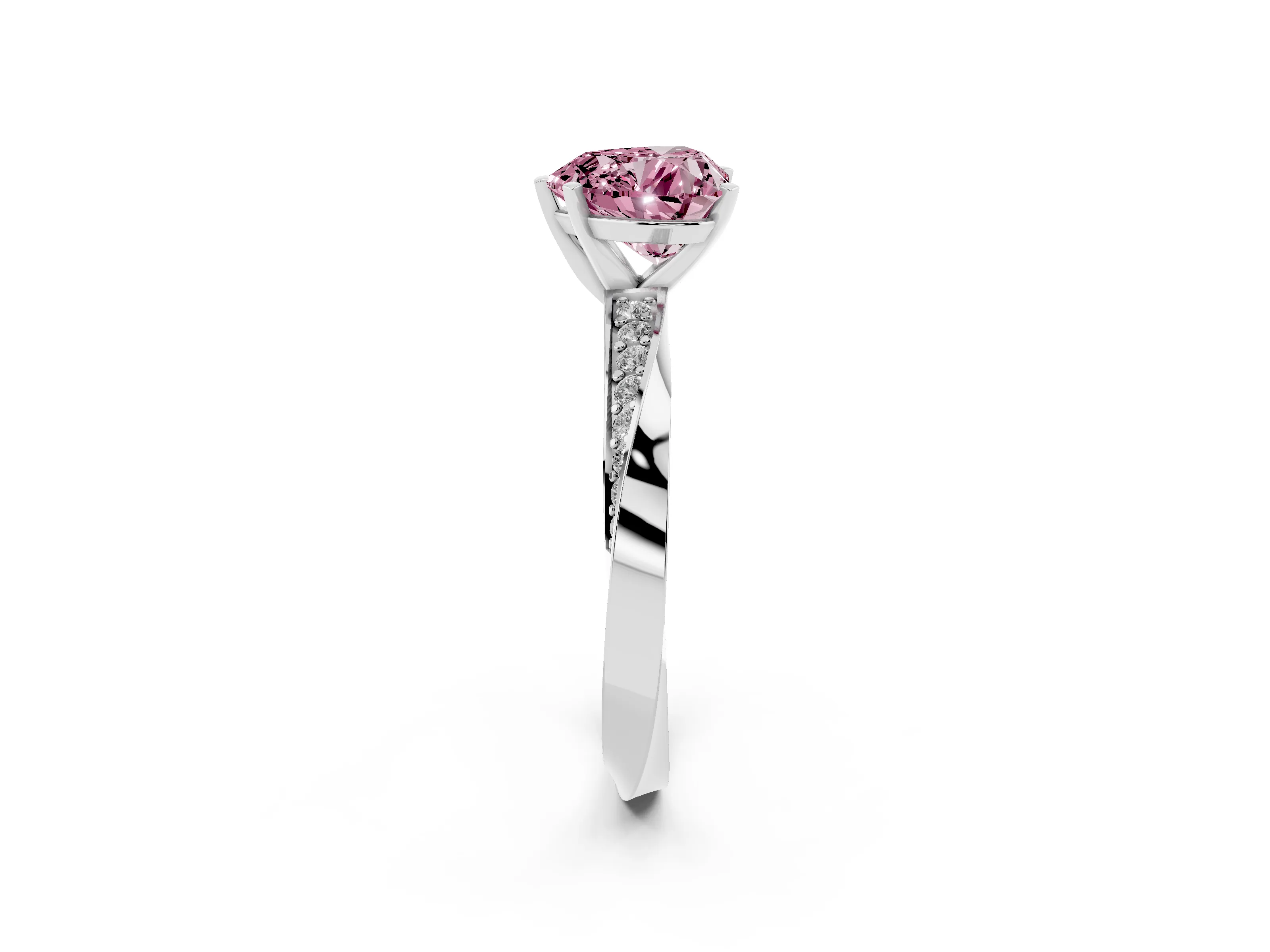 Fancy Pink Heart Cut Diamond Engagement Ring Set in Platinum with Side Stone Accents and Prong Setting