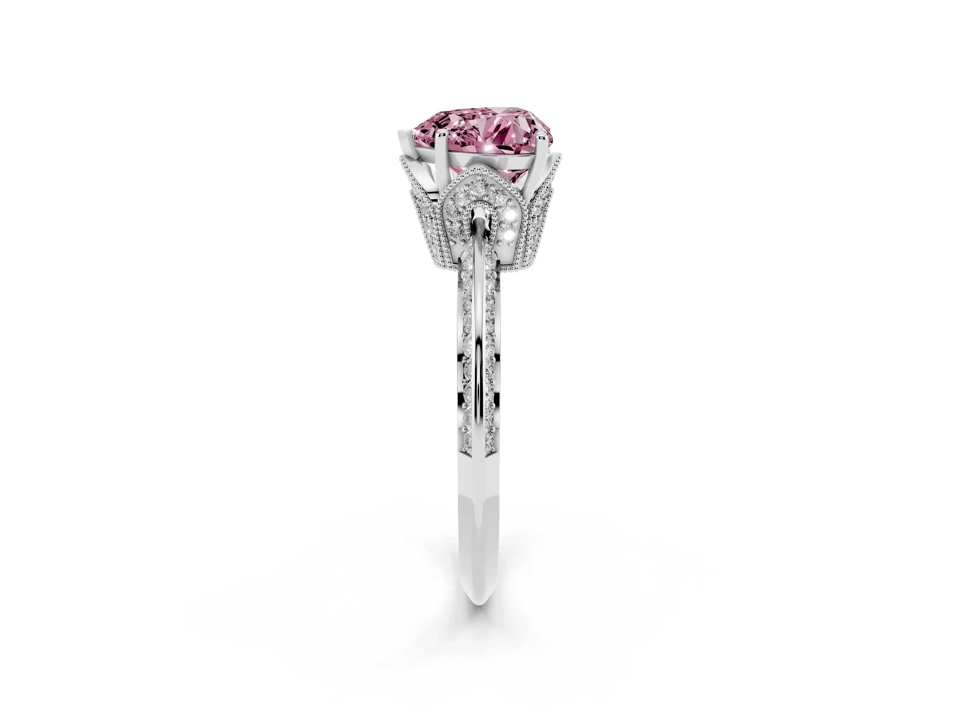 Fancy Pink Heart Cut Diamond Solitaire Engagement Ring Set in White gold with Pavé Split Shank and Prong Setting