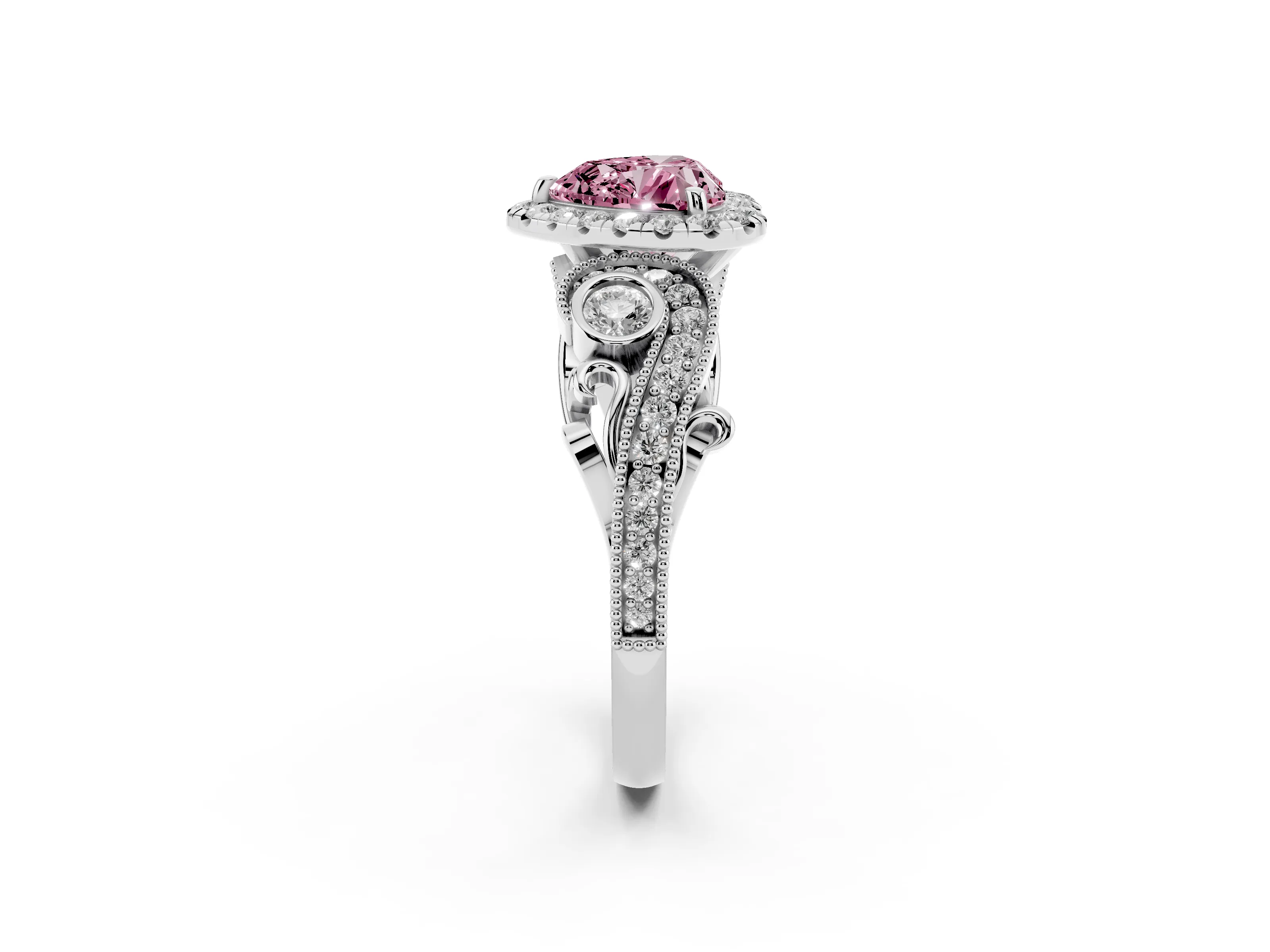 Fancy Pink Heart Cut Diamond Halo Ring Set in White gold with Milgrain Pavé Band and Prong Setting