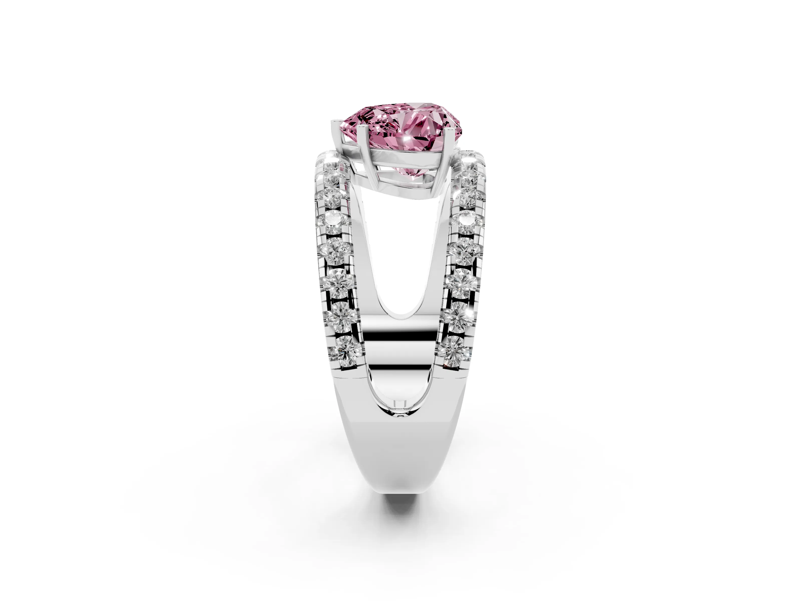 Fancy Pink Heart Cut Diamond Split Shank Pavé Solitaire Ring Set in Silver with Open Shank Design