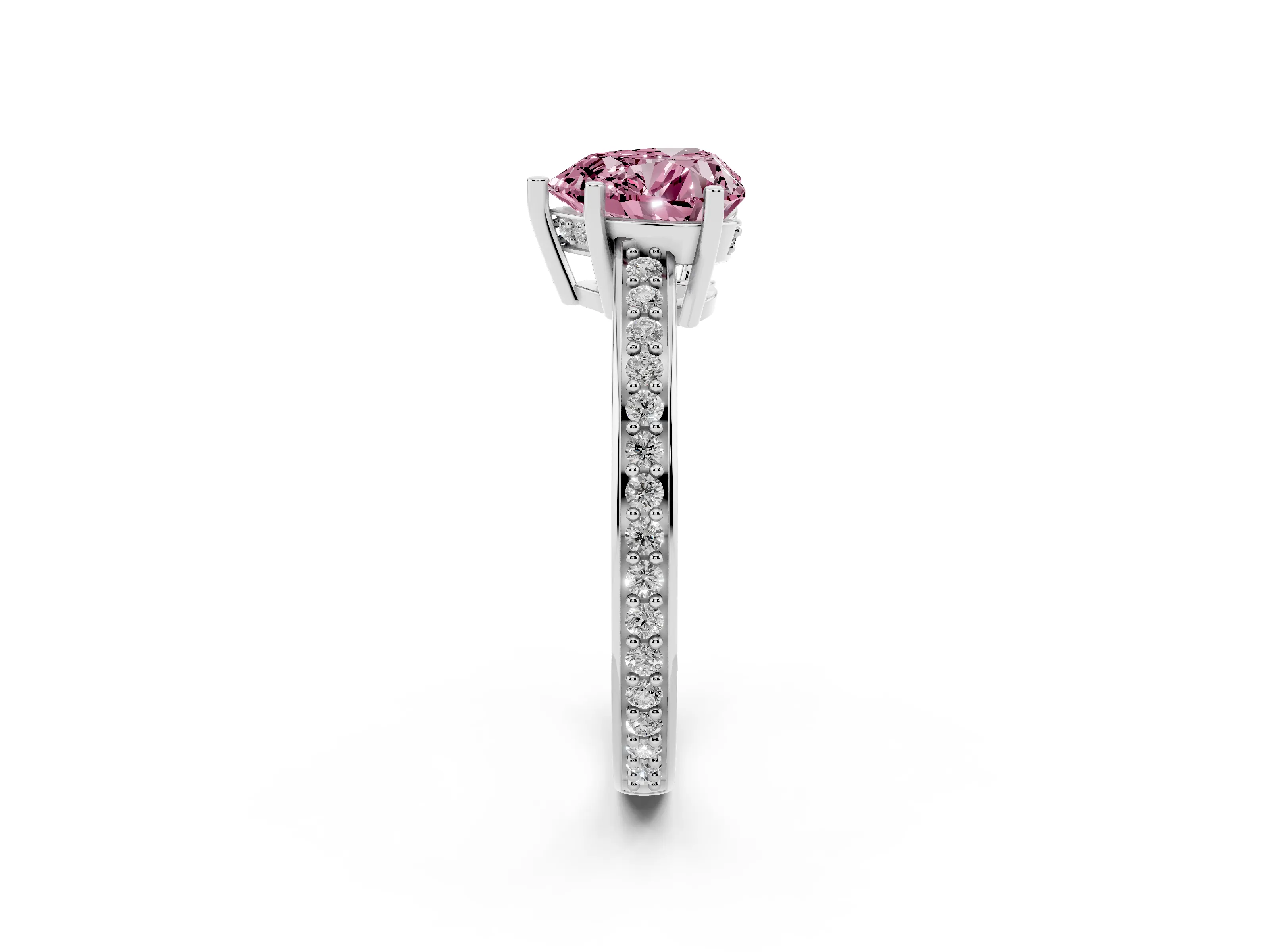 Fancy Pink Heart Cut Diamond Pavé Band Prong Set Solitaire Ring Set in Silver