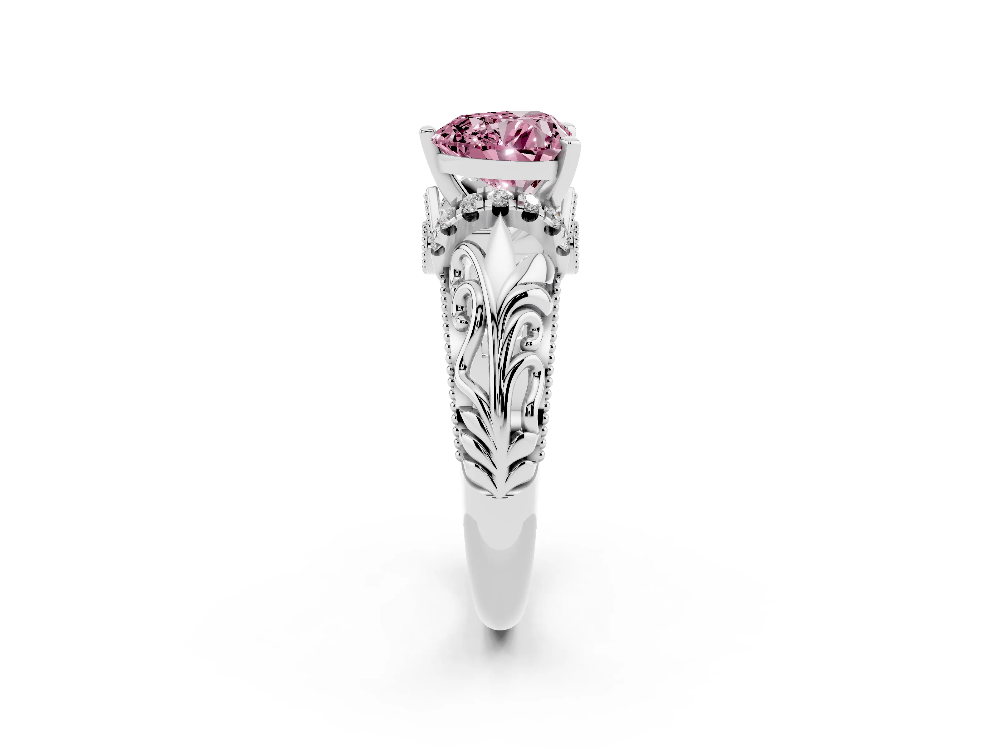 Fancy Pink Heart Cut Diamond Filigree Halo Engagement Ring Set in White gold with Prong Setting