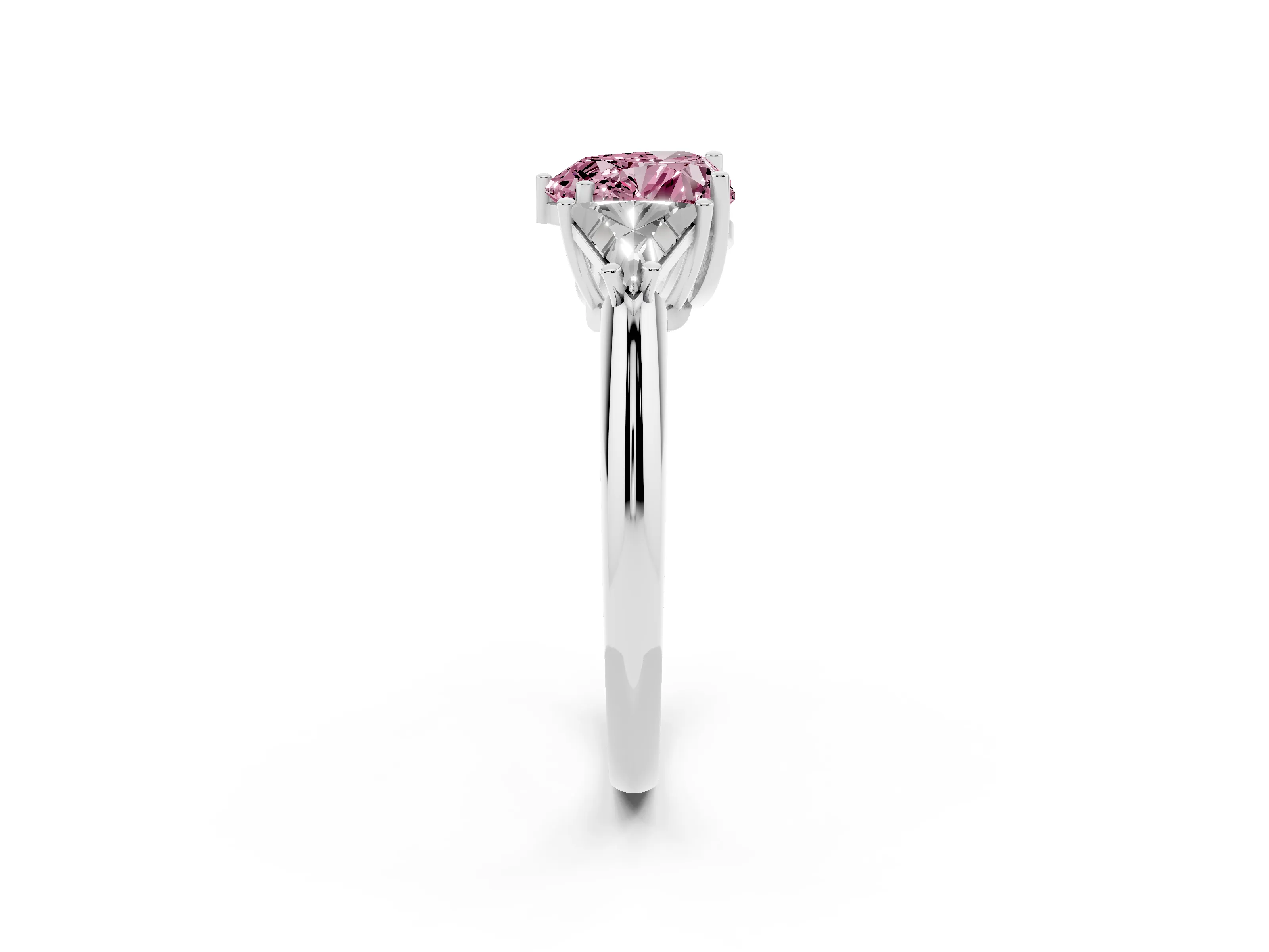 Fancy Pink Heart Cut Diamond Three-Stone Engagement Ring Set in White gold with Trillion Side Stones