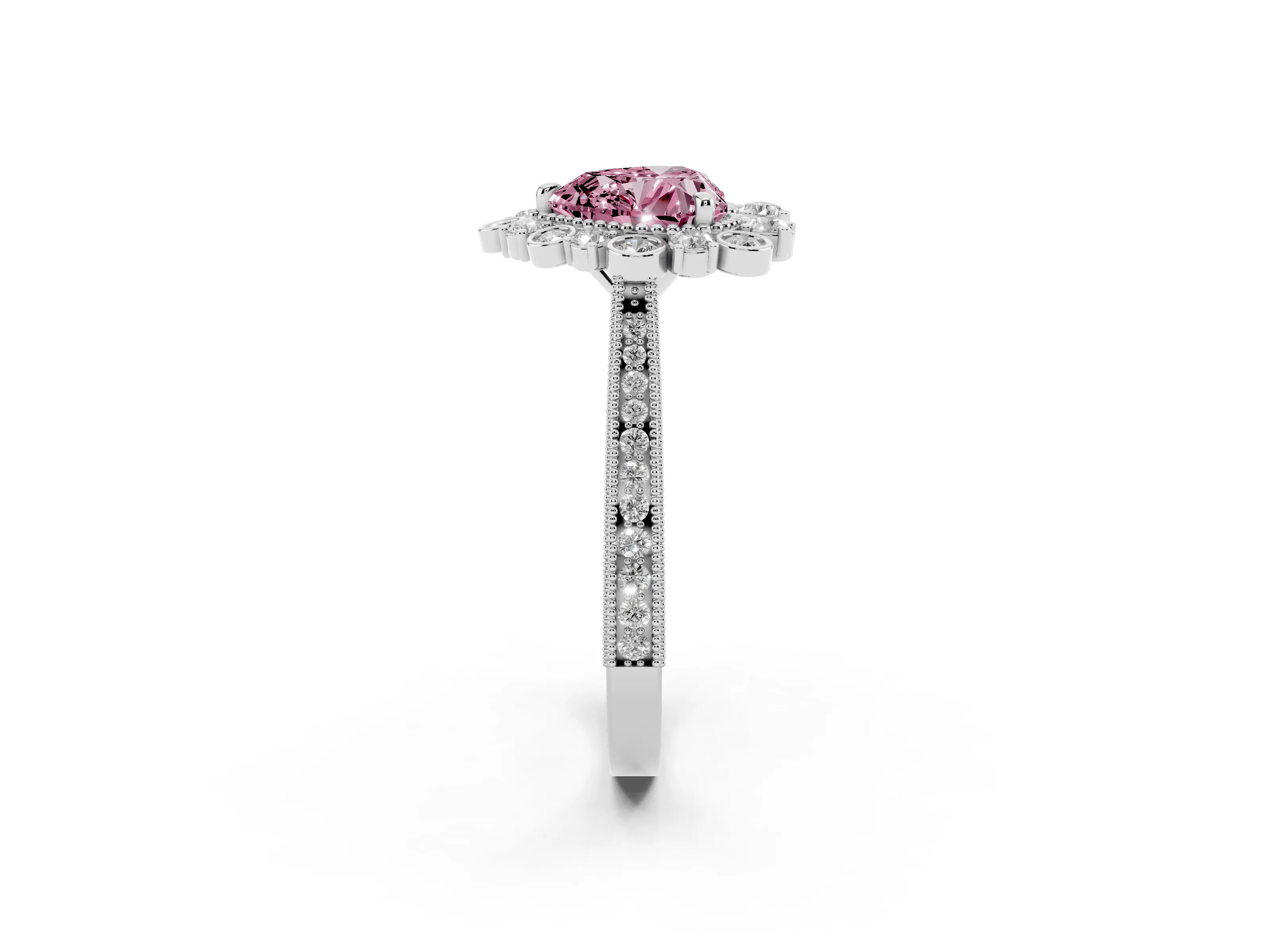 Fancy Pink Heart Cut Diamond Halo Milgrain Pavé Ring Set in White gold with Prong Setting