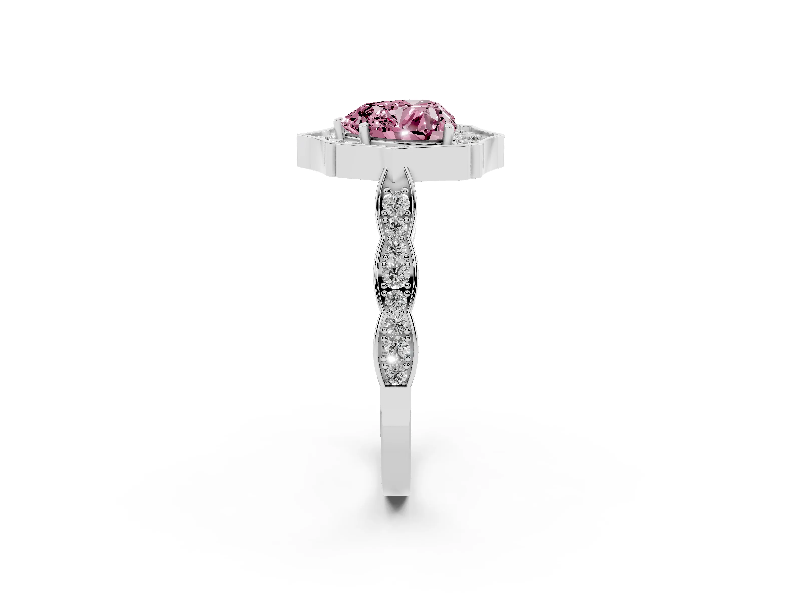 Fancy Pink Heart Cut Diamond Halo Engagement Ring Set in White gold with Milgrain Band and Prong Setting
