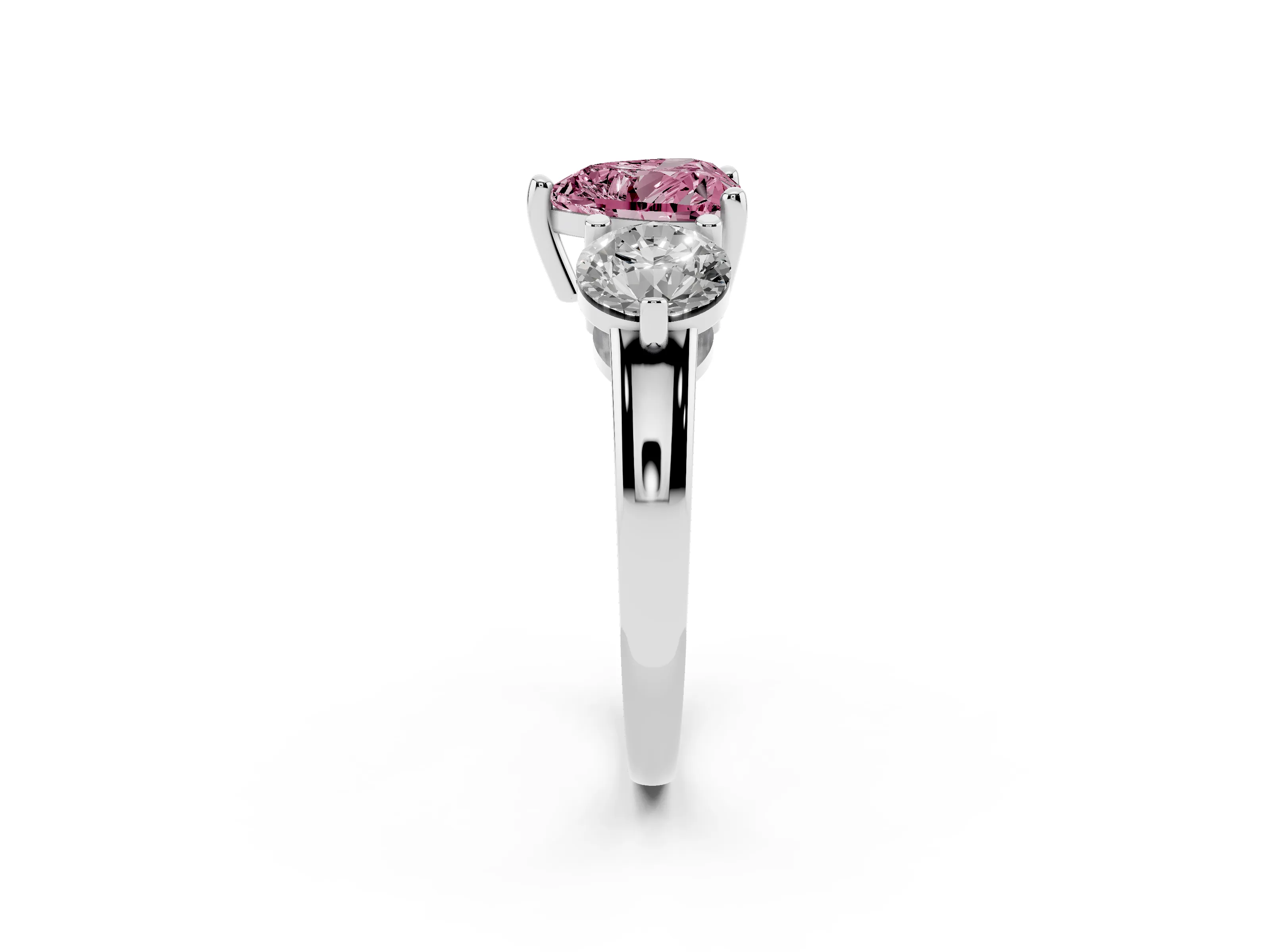 Fancy Pink Heart Cut Diamond Three-Stone Ring Set in White gold with Prong Setting and Classic Band