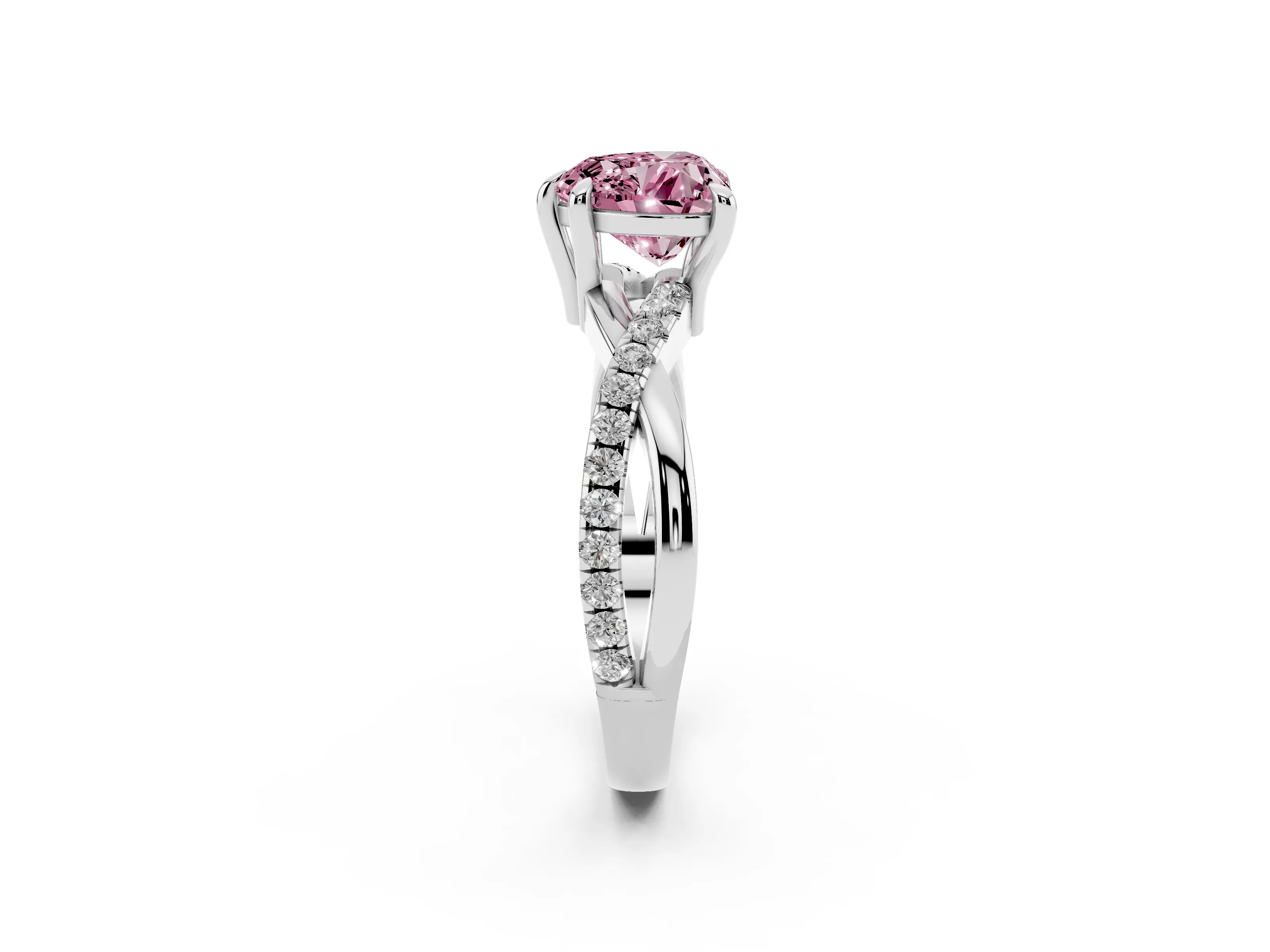 Fancy Pink Heart Cut Diamond Twist Band Solitaire Set in White gold with Pavé Accents and Prong Setting