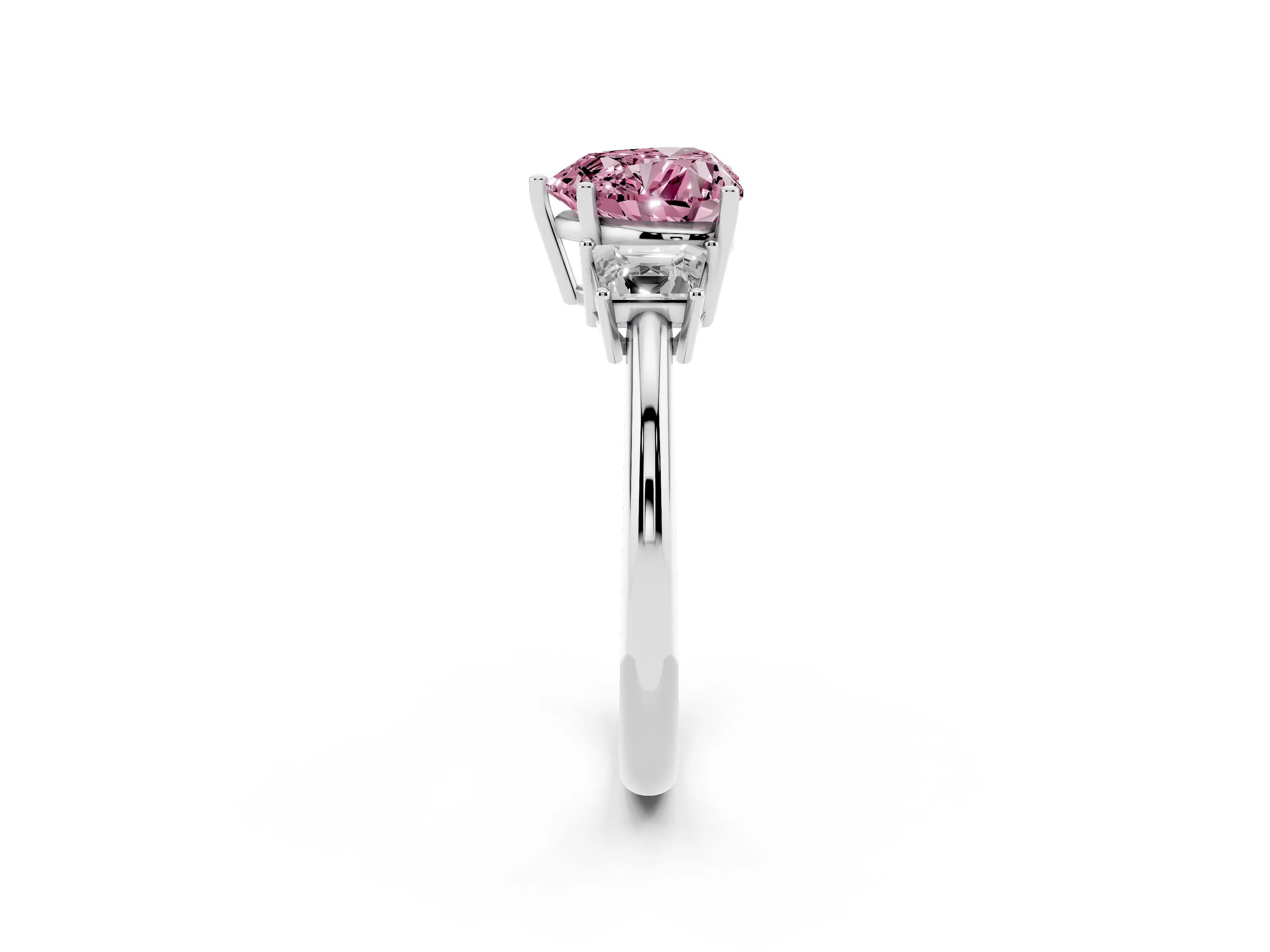 Fancy Pink Heart Cut Diamond Three-Stone Ring Set in Silver with Trapezoid Side Stones and Prong Setting