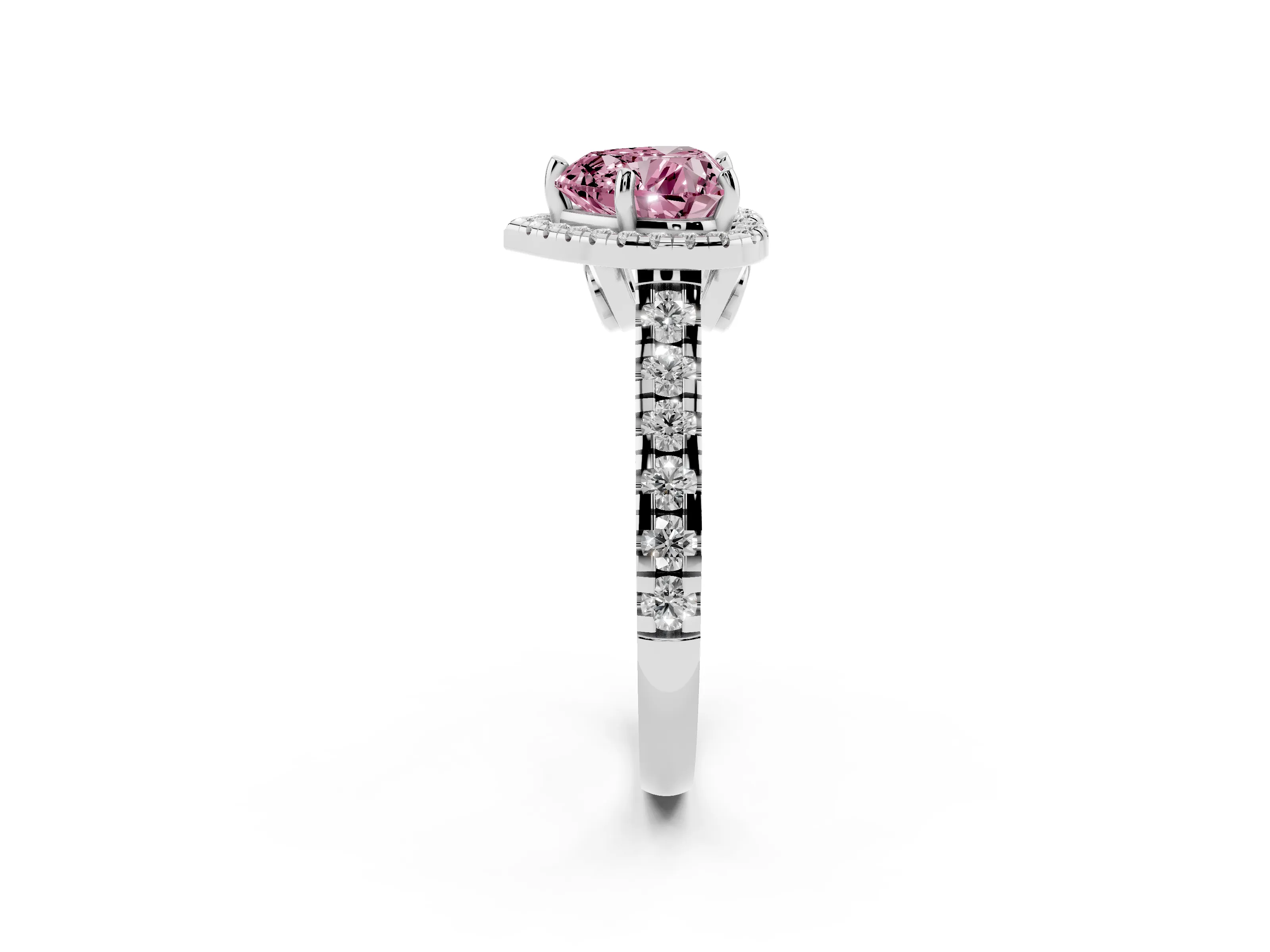 Fancy Pink Heart Cut Diamond Halo Engagement Ring Set in Platinum with Pavé Band and Prong-Set Center