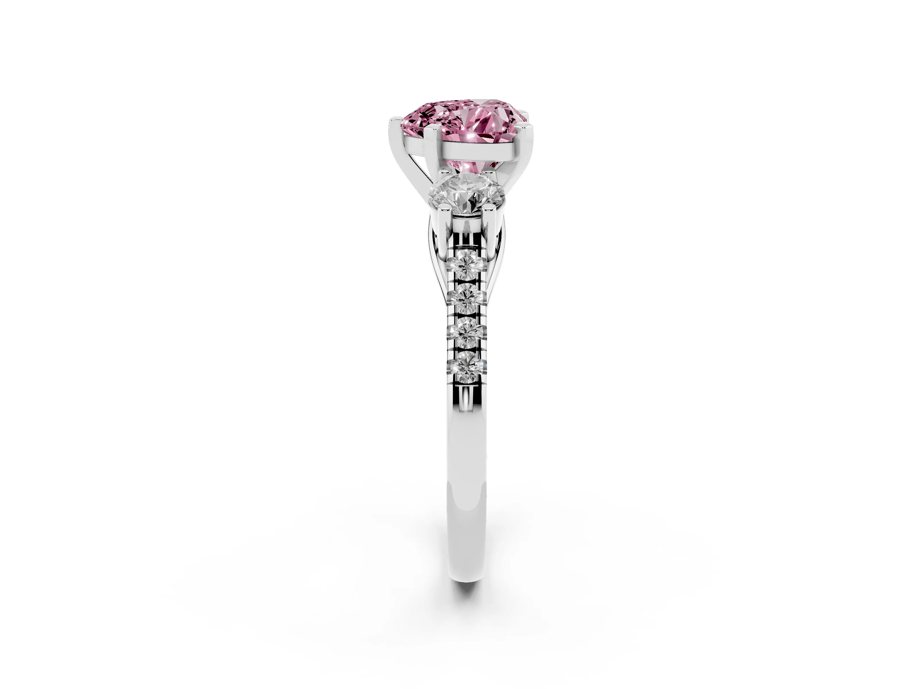 Fancy Pink Three-Stone Heart Cut Diamond Pavé Band Ring Set in Platinum with Prong-Set Trio