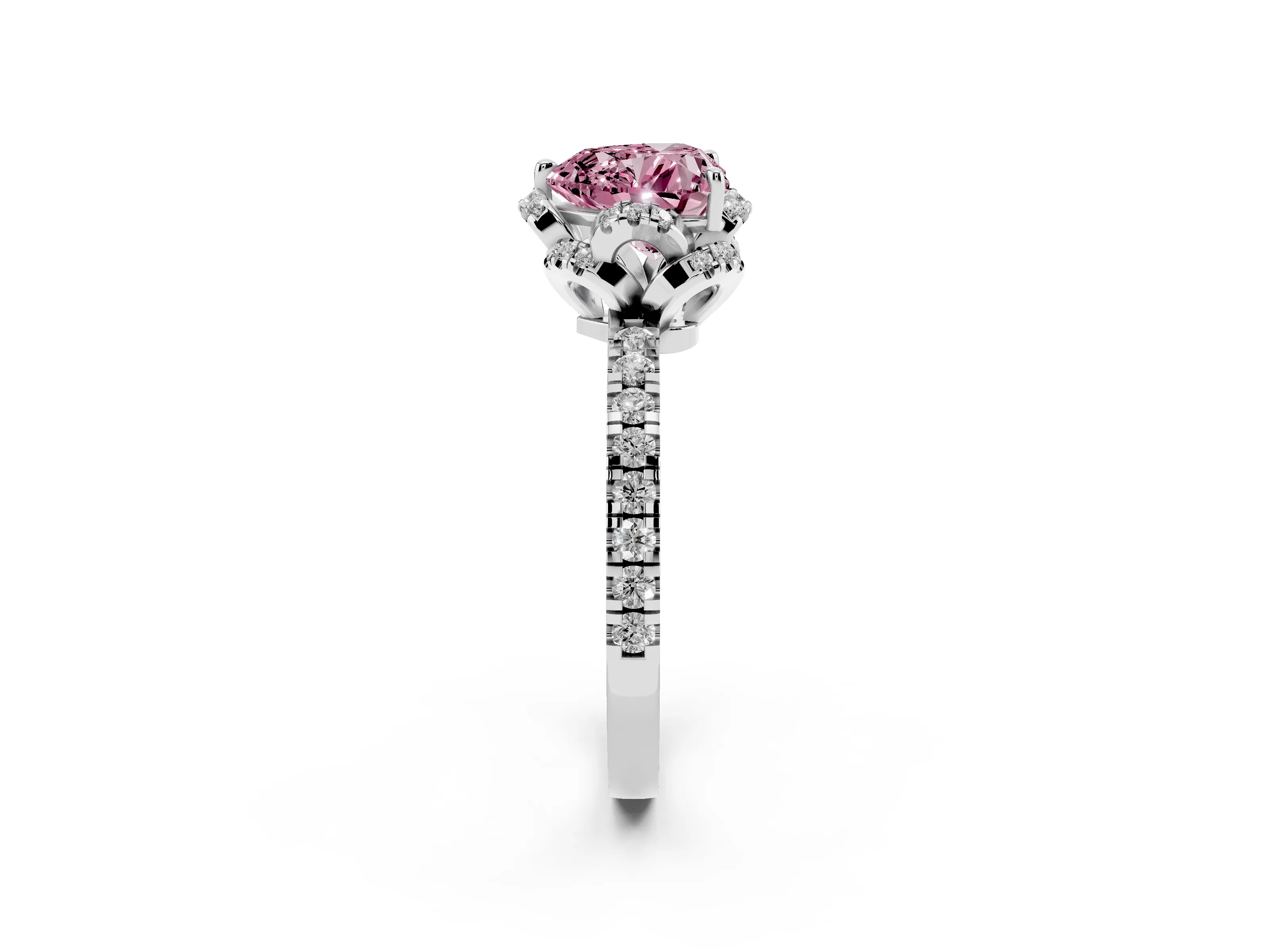 Fancy Pink Heart Cut Diamond Halo Pavé Band Ring Set in Platinum with Prong-Held Center