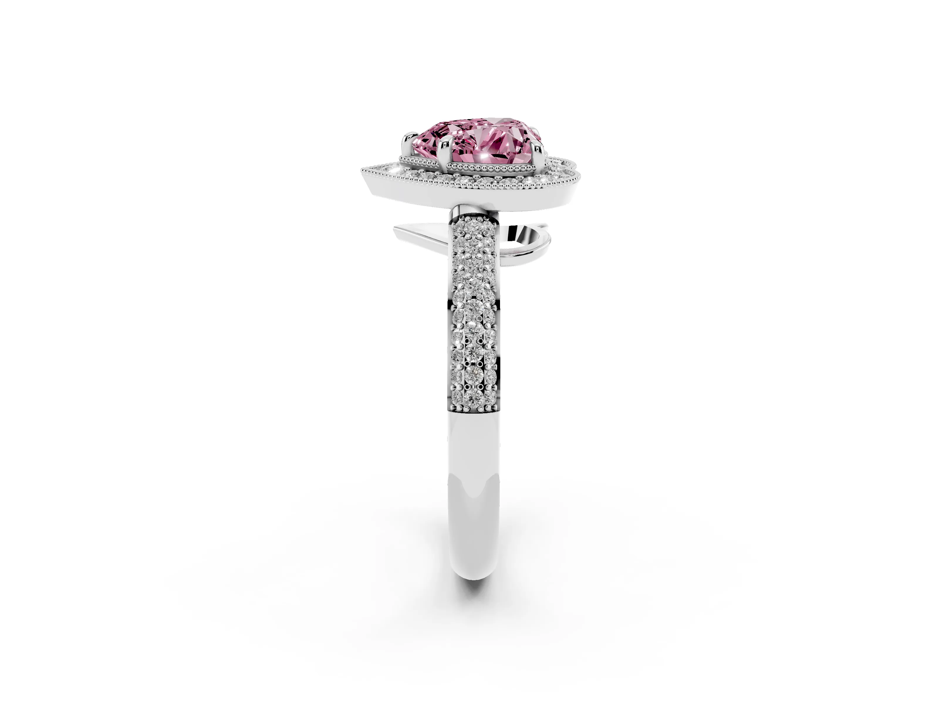 Fancy Pink Heart Cut Diamond Halo Pavé Band Set in Silver with Prong Setting