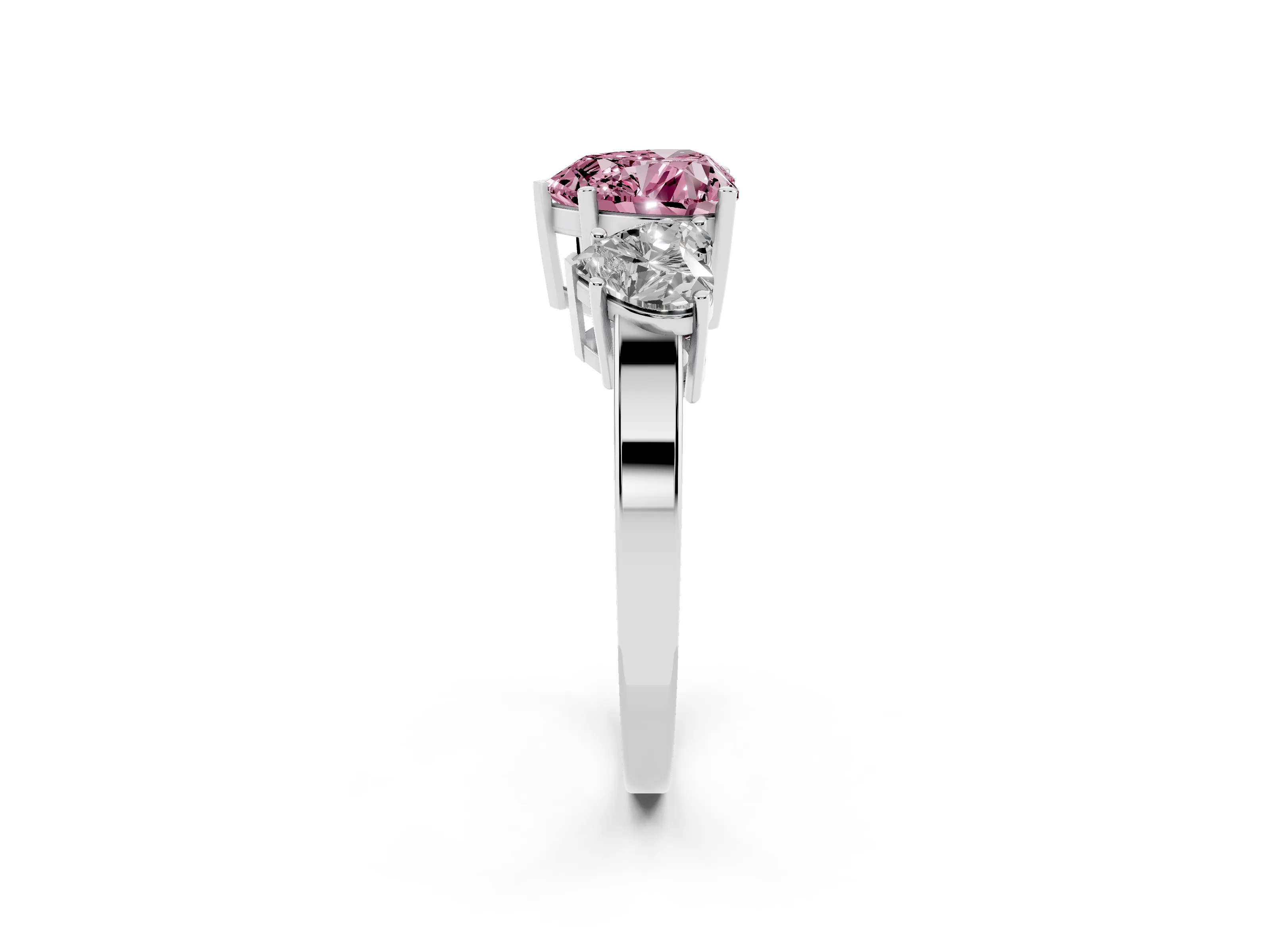 Fancy Pink Heart Cut Diamond Three-Stone Engagement Ring Set in Platinum with Flat Band
