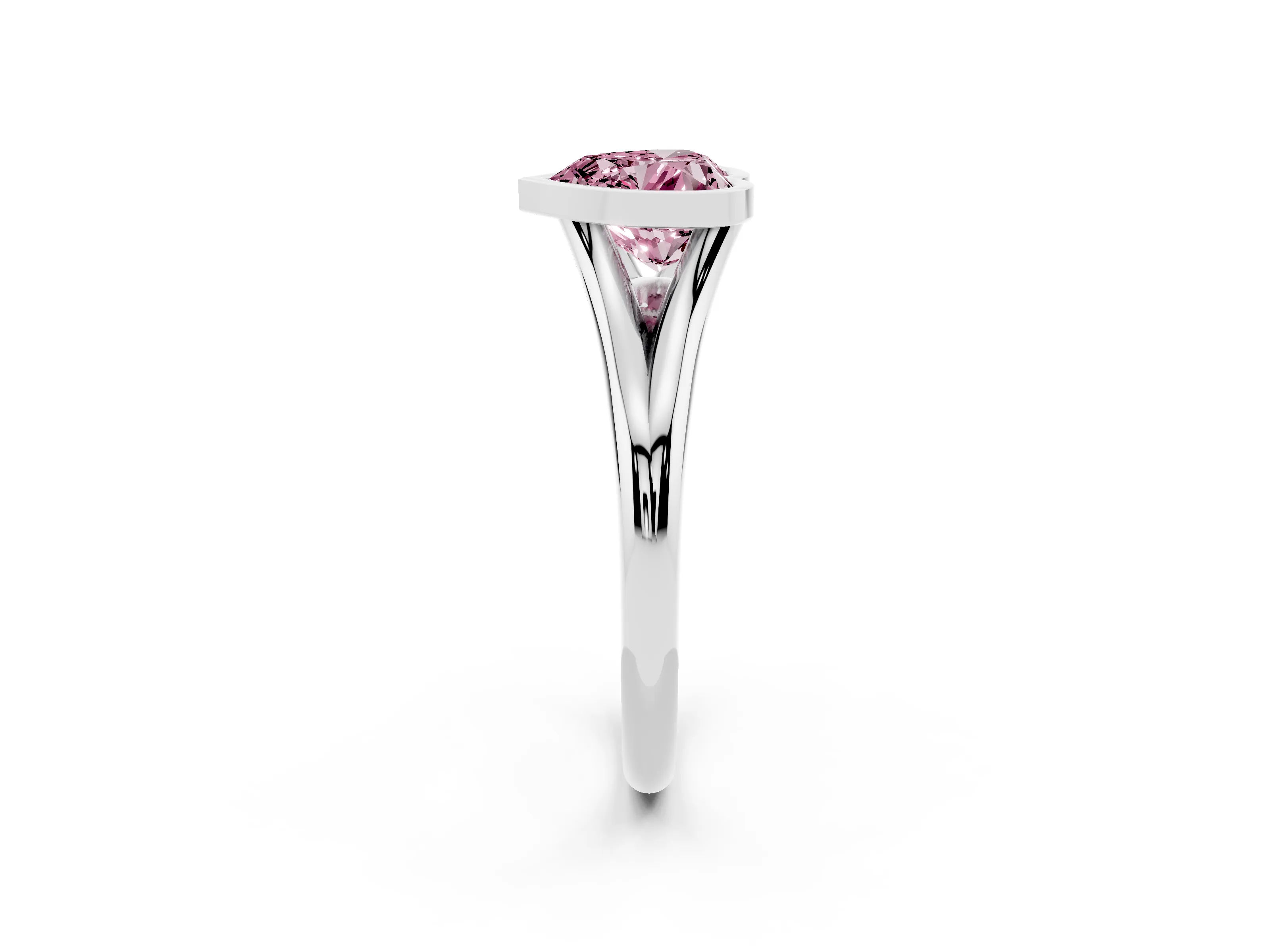 Fancy Pink Bezel Set Heart Cut Diamond Solitaire Ring Set in Platinum with Tapered Band