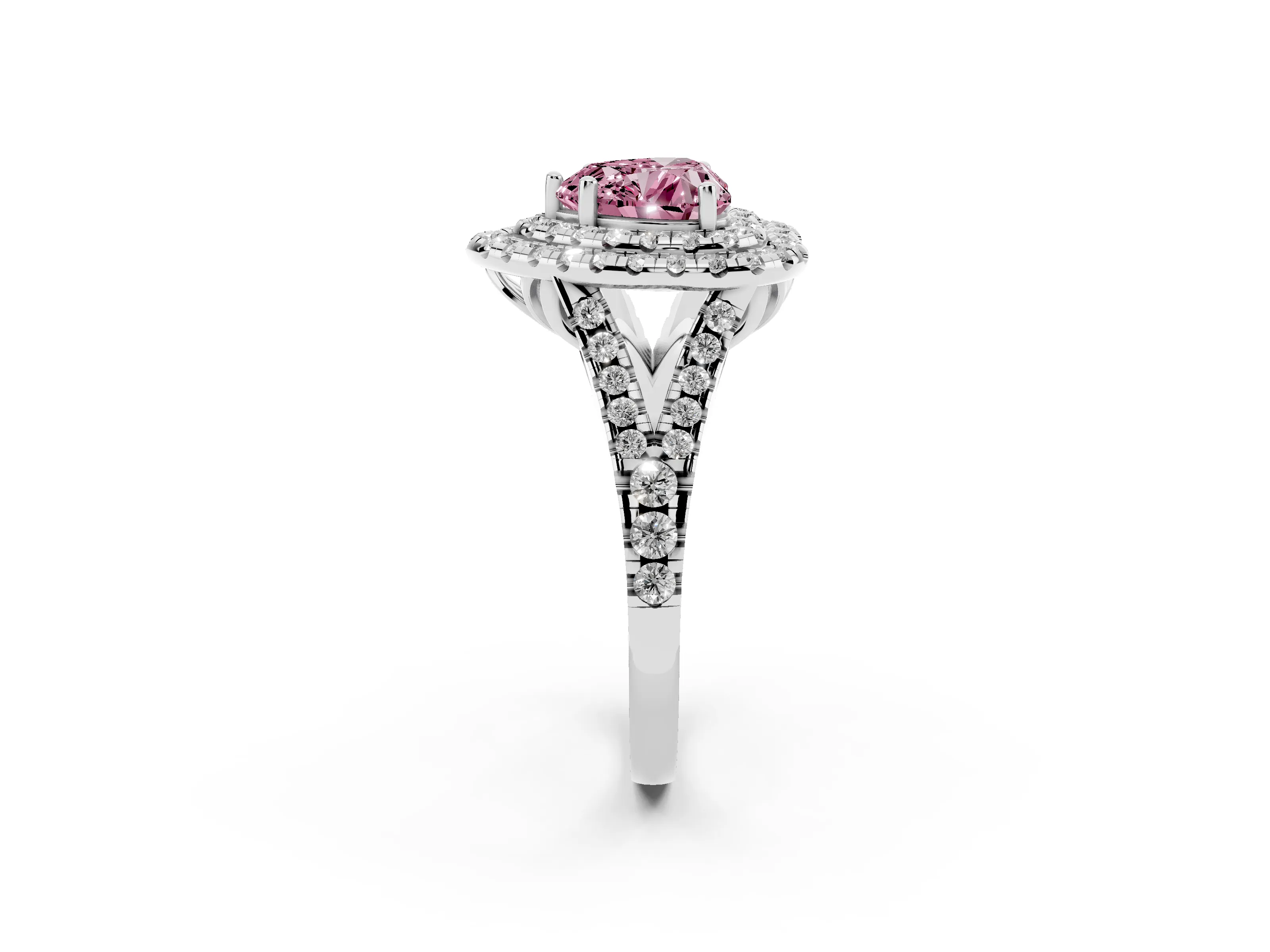 Fancy Pink Heart Cut Diamond Double Halo Ring Set in White gold with Pavé Split Shank and Prong Setting