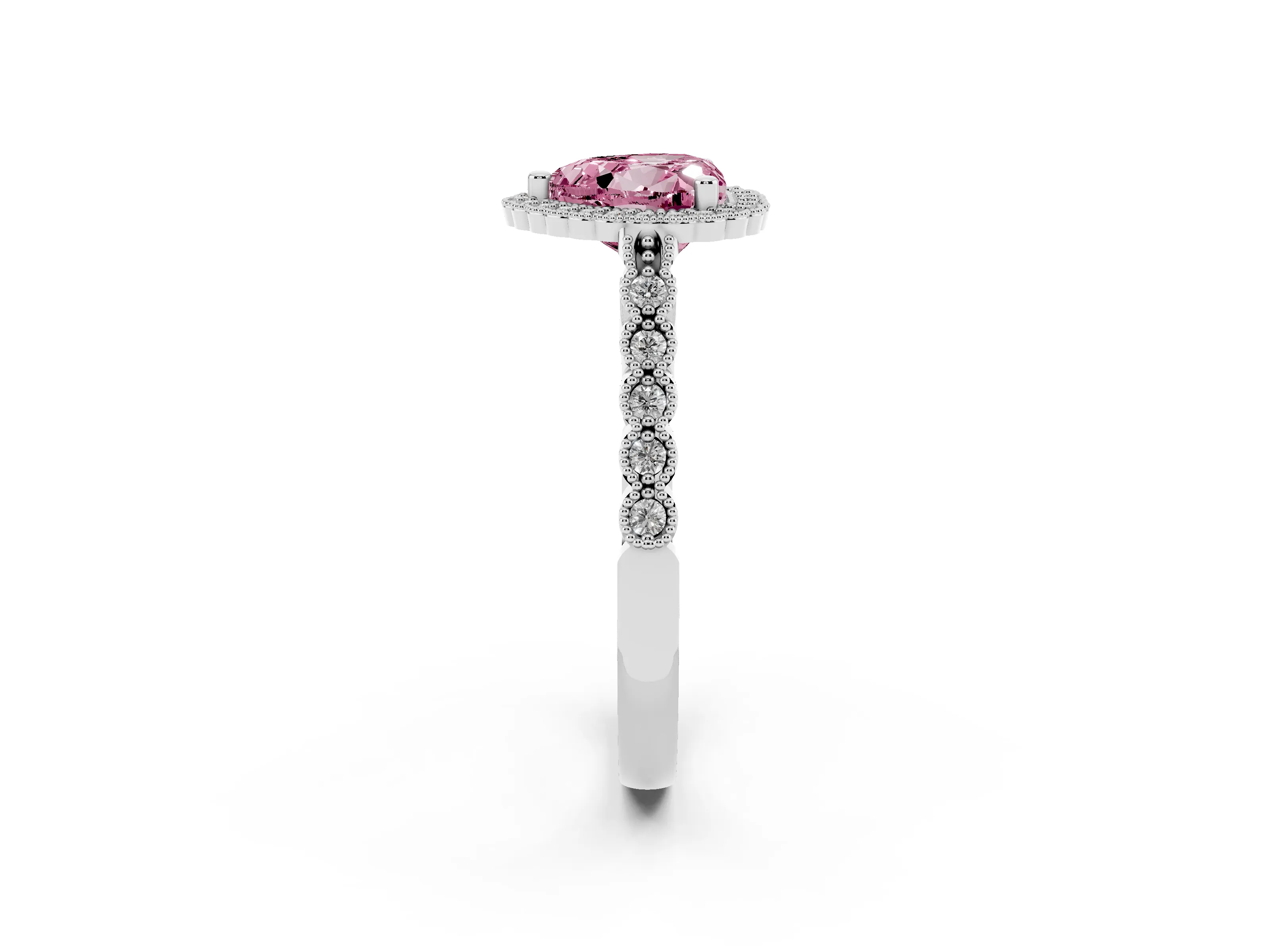 Fancy Pink Heart Cut Diamond Halo Ring Set in Platinum with Pavé Milgrain Band