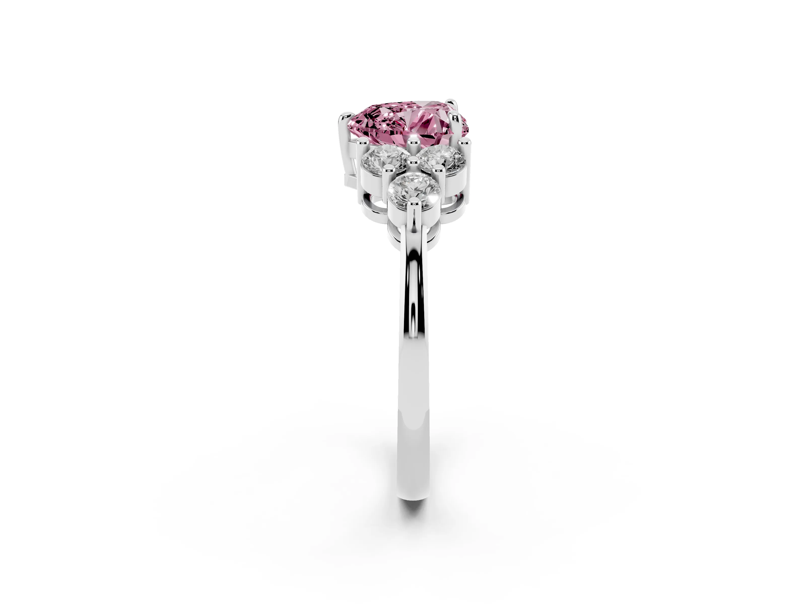 Fancy Pink Heart Cut Diamond Solitaire Ring Set in Silver with Cluster Accents on Each Side